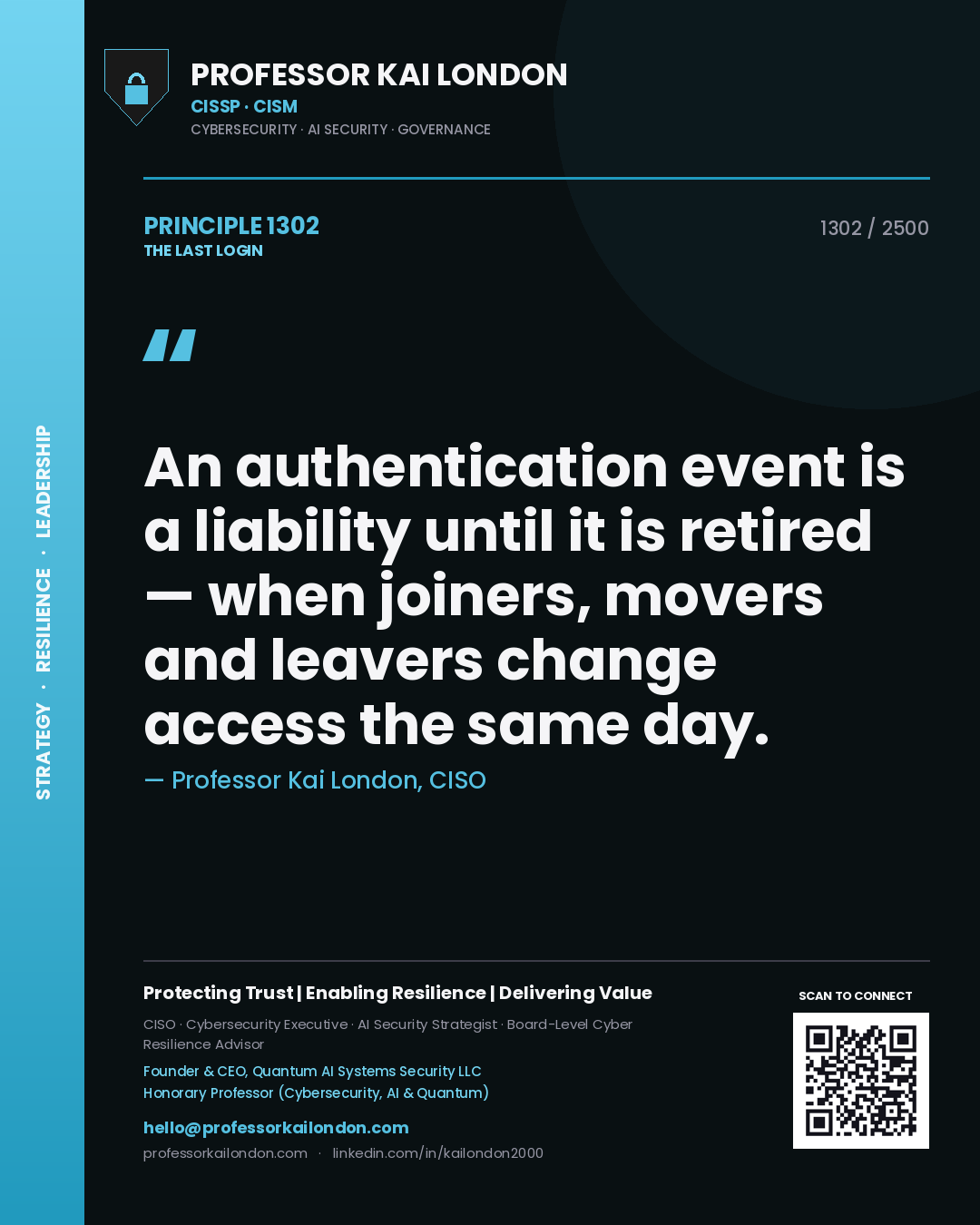 Professor Kai London principle 1302: An authentication event is a liability until it is retired — when joiners, movers and leavers change access the same day.