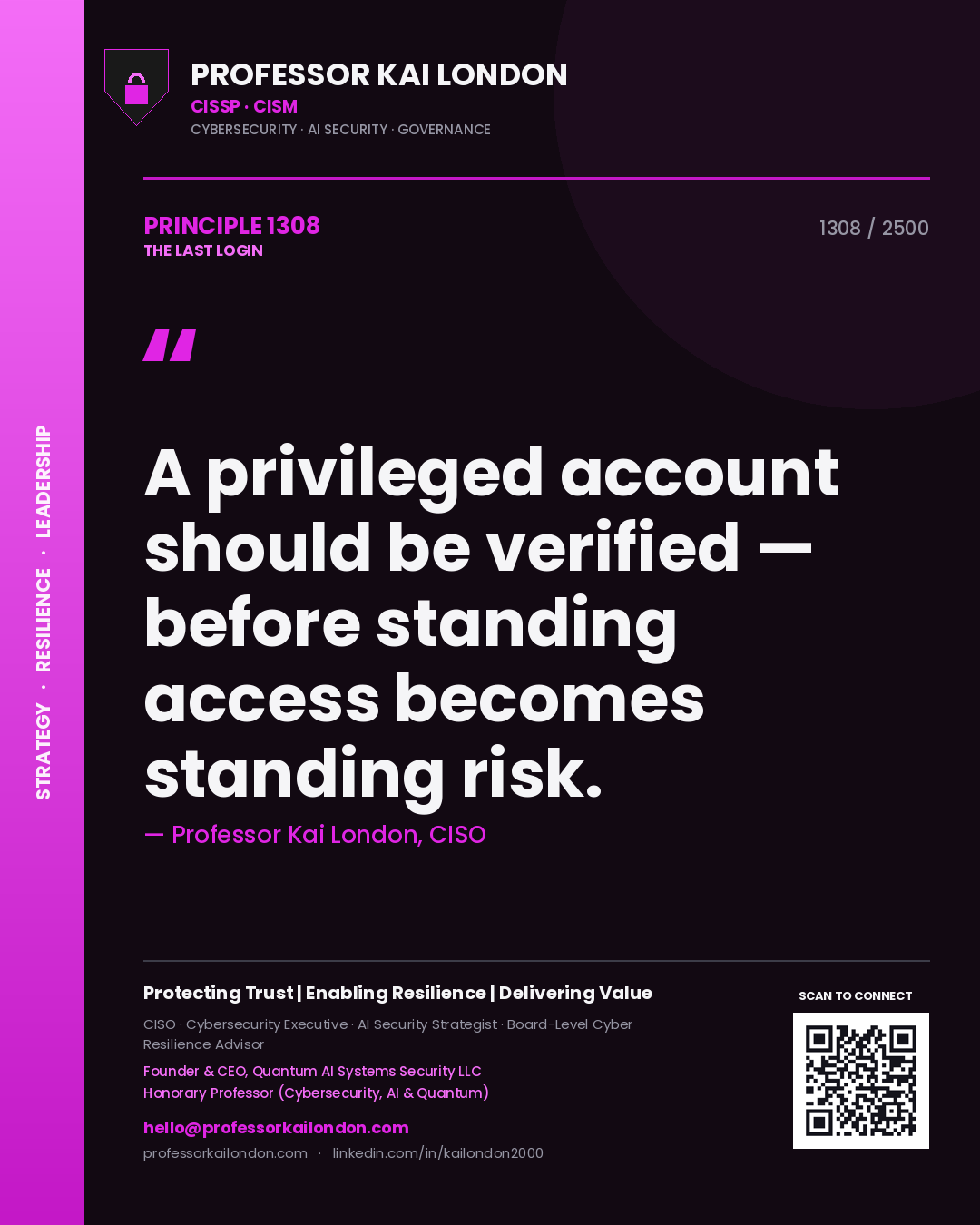 Professor Kai London principle 1308: A privileged account should be verified — before standing access becomes standing risk.