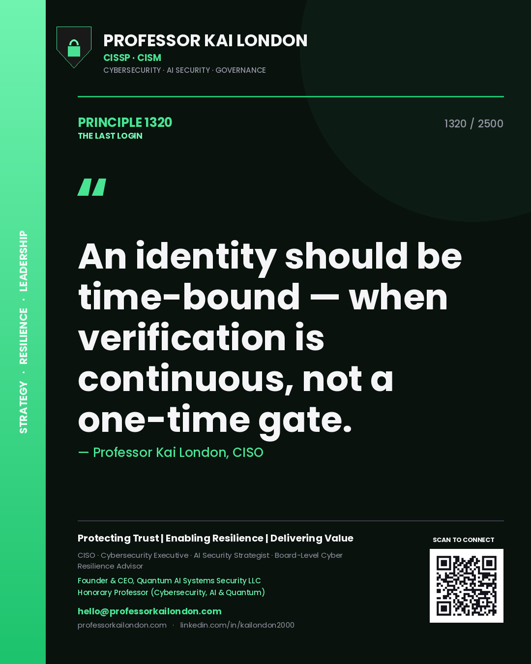 Professor Kai London principle 1320: An identity should be time-bound — when verification is continuous, not a one-time gate.