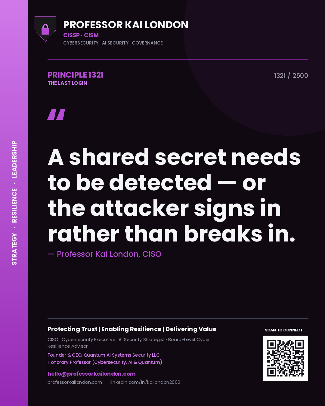 Quote card by Professor Kai London reading 'A shared secret needs to be detected — or the attacker signs in rather than breaks in.'. From the book The Last Login.