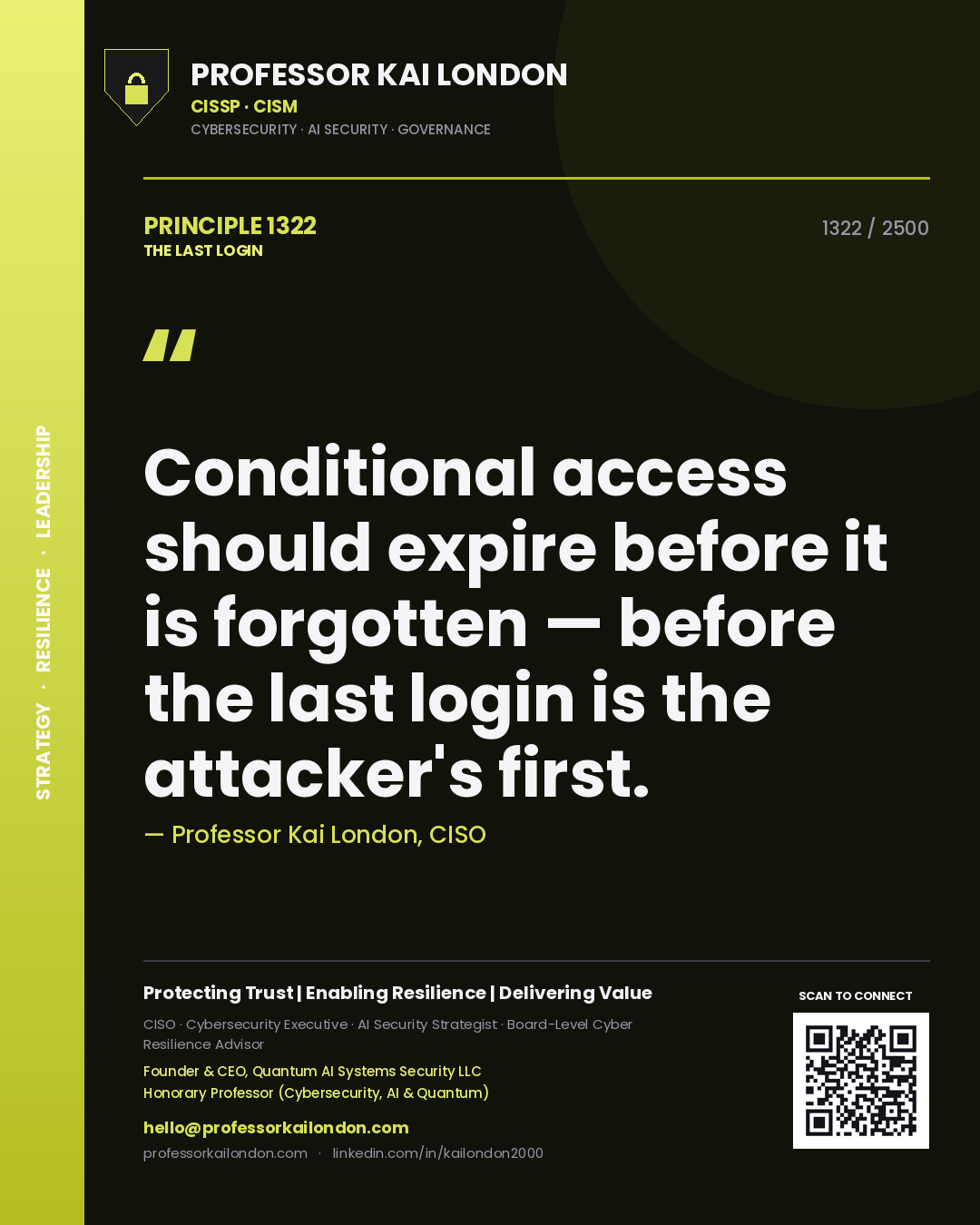 Quote card by Professor Kai London reading 'Conditional access should expire before it is forgotten — before the last login is the attacker's first.'. From the book The Last Login.