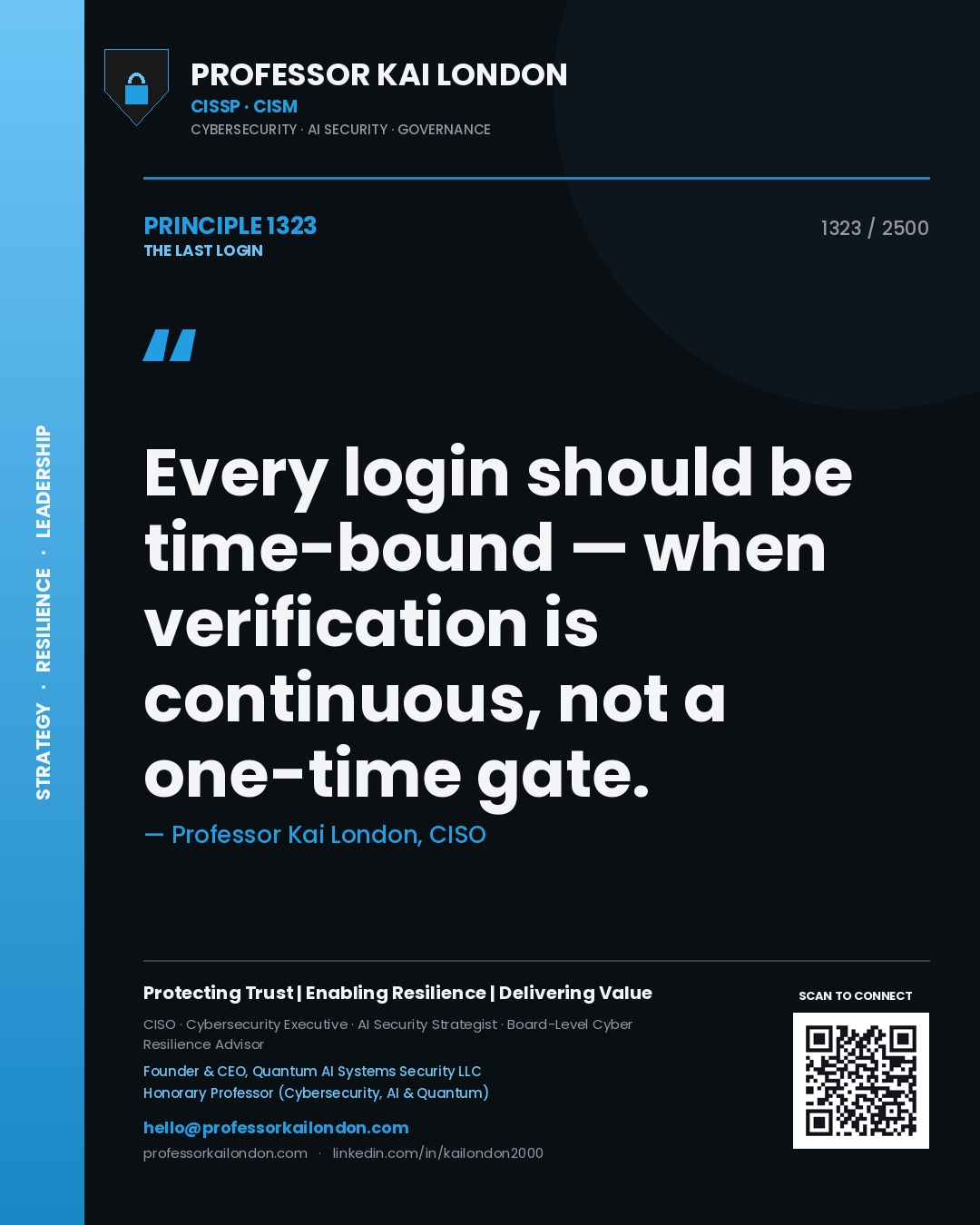 Professor Kai London principle 1323: Every login should be time-bound — when verification is continuous, not a one-time gate.