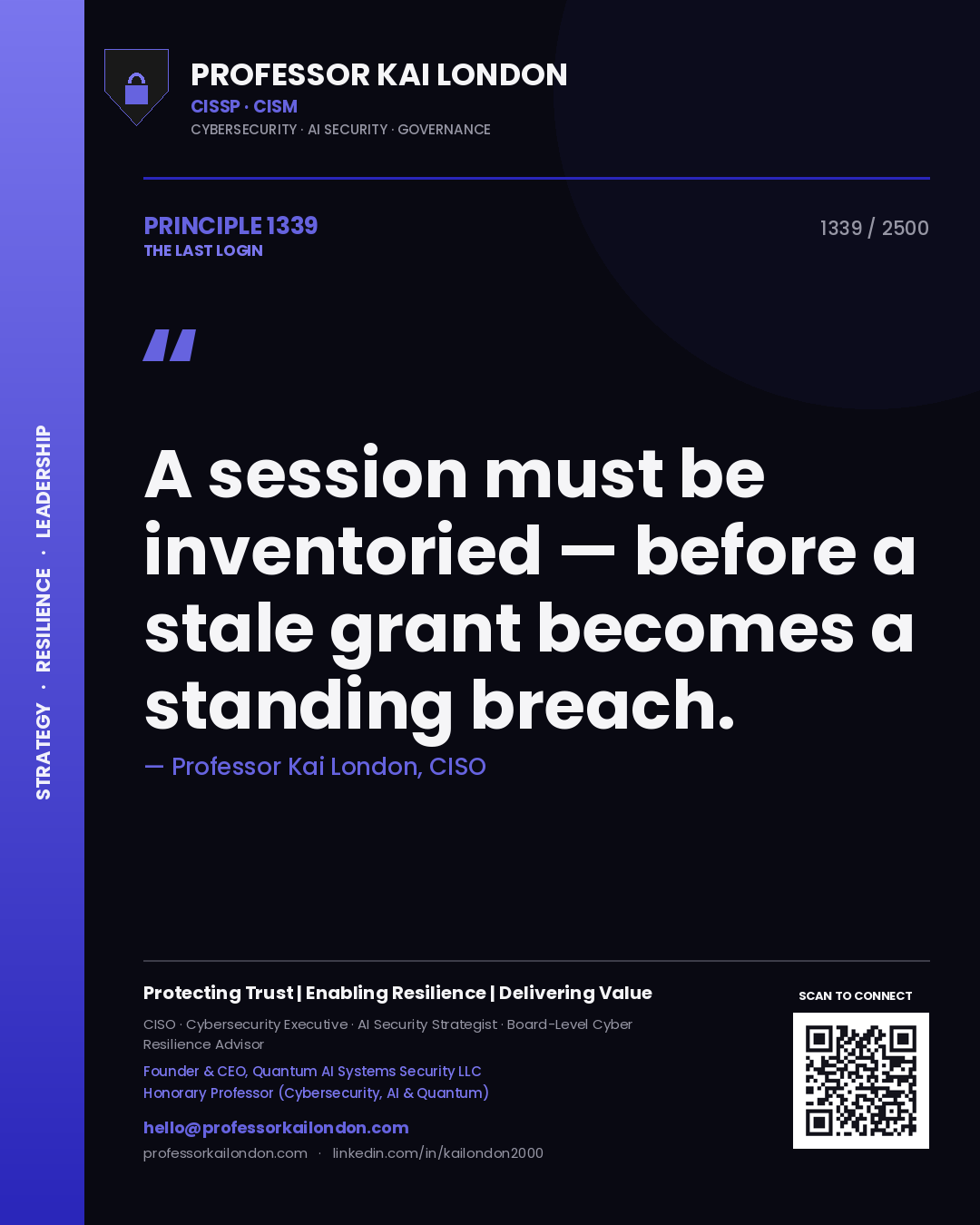 Quote card by Professor Kai London reading 'A session must be inventoried — before a stale grant becomes a standing breach.'. From the book The Last Login.