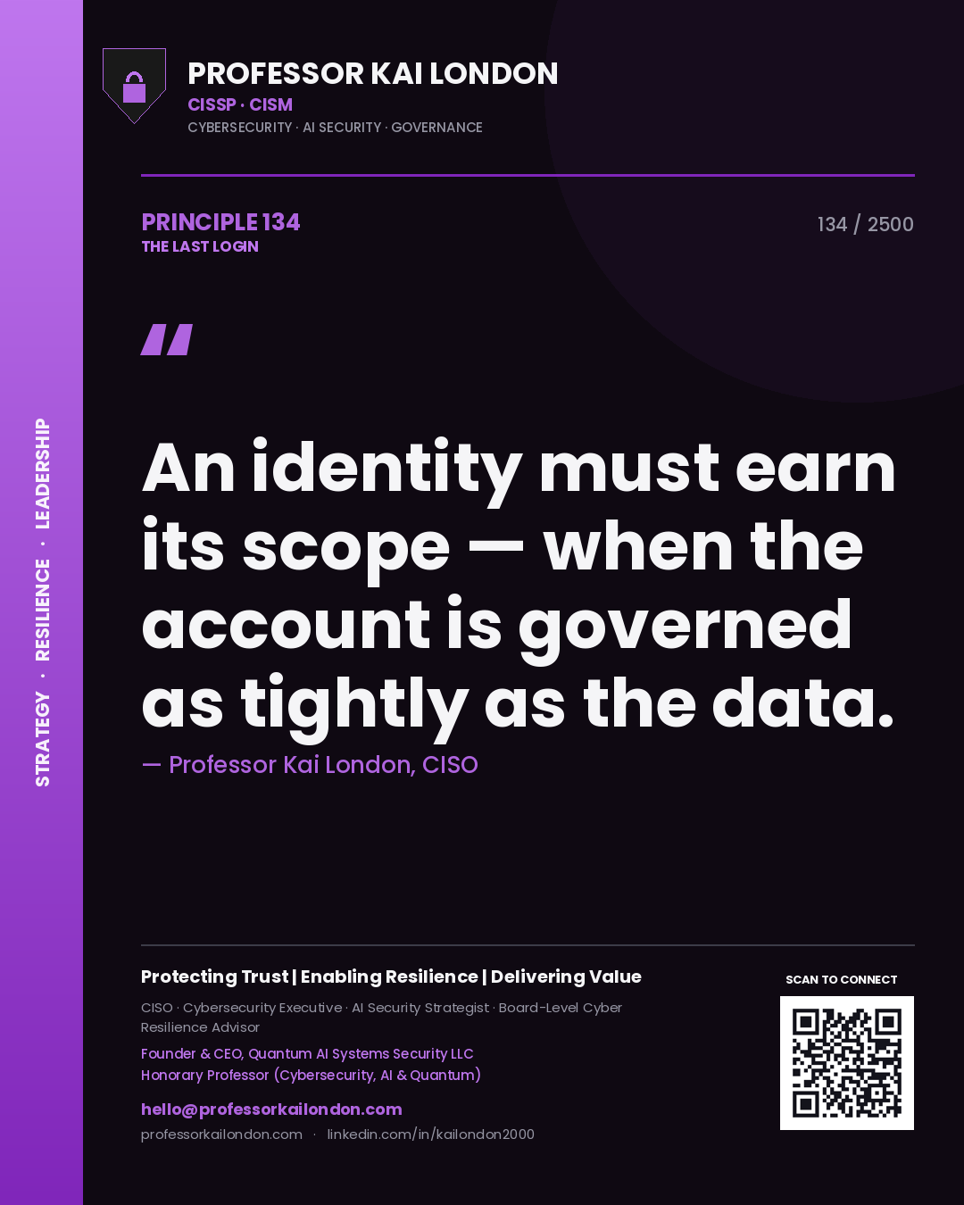 Professor Kai London principle 134: An identity must earn its scope — when the account is governed as tightly as the data.
