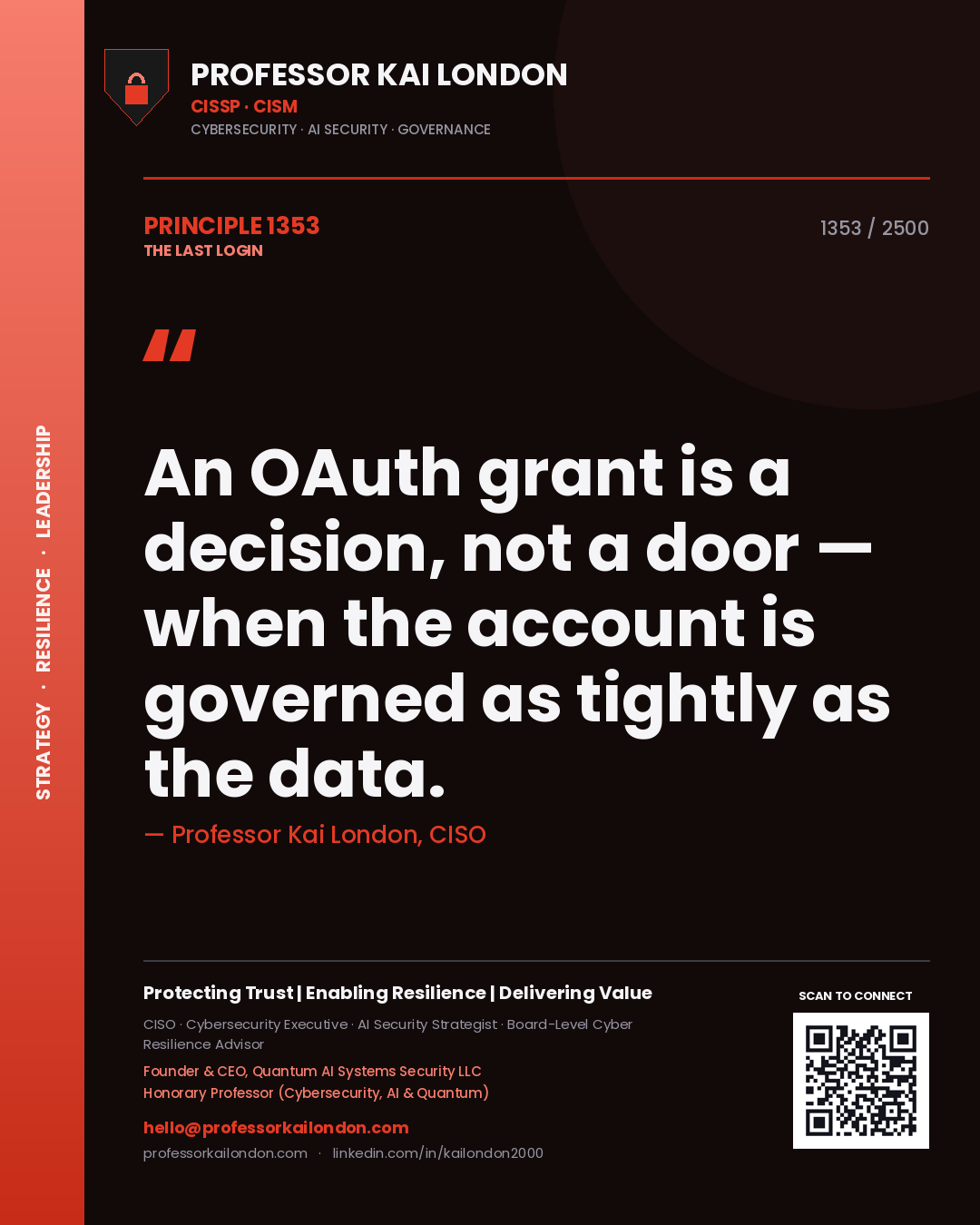 Quote card by Professor Kai London reading 'An OAuth grant is a decision, not a door — when the account is governed as tightly as the data.'. From the book The Last Login.