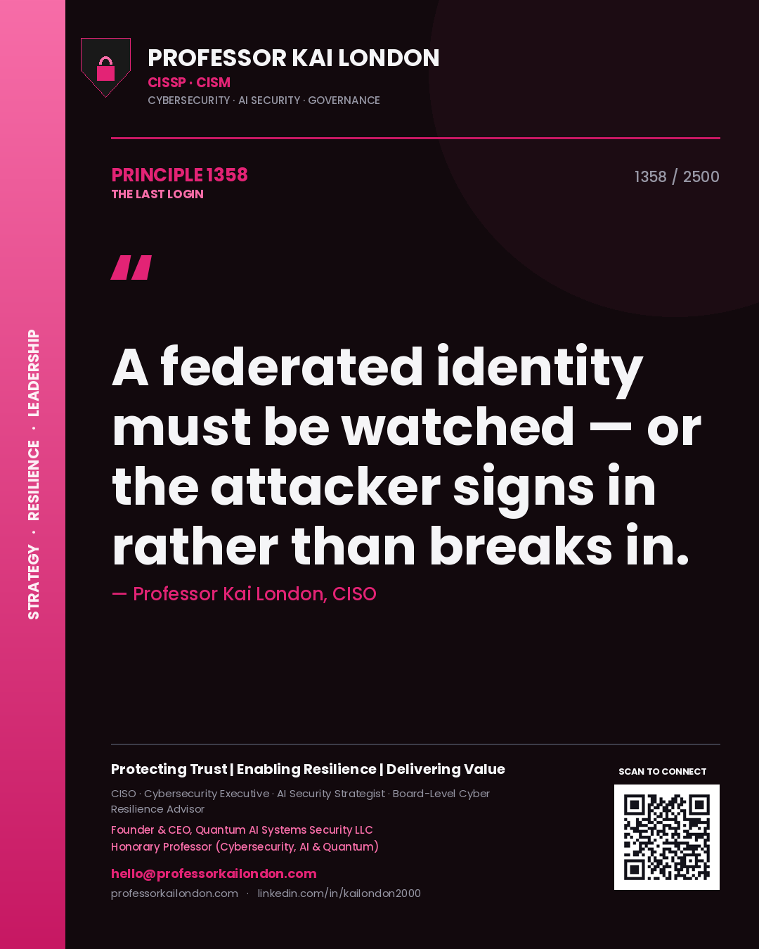 Quote card by Professor Kai London reading 'A federated identity must be watched — or the attacker signs in rather than breaks in.'. From the book The Last Login.