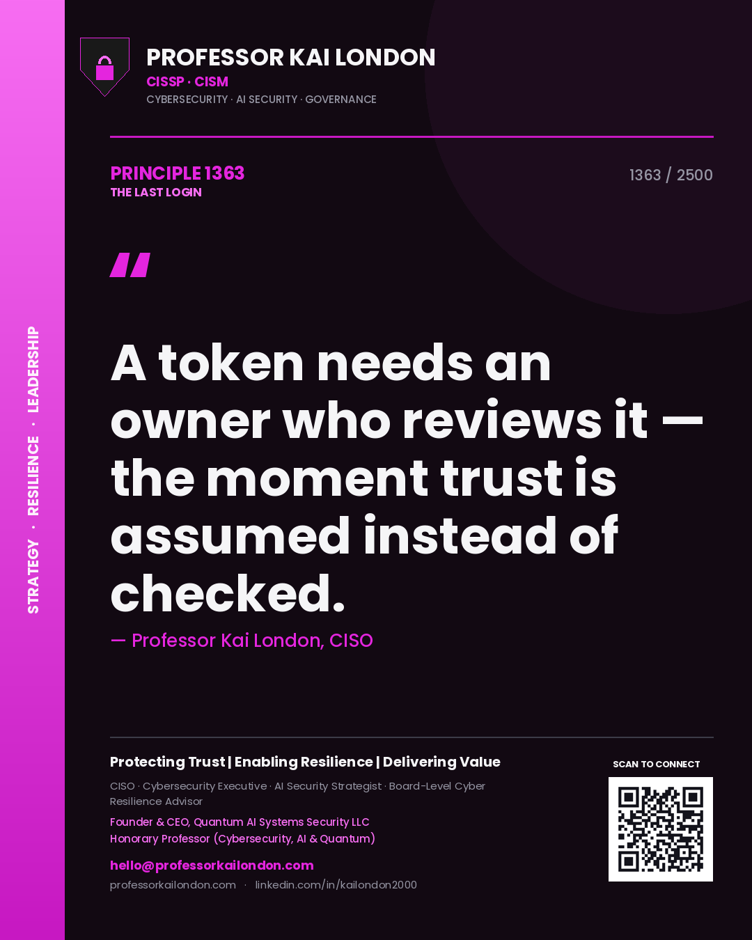 Quote card by Professor Kai London reading 'A token needs an owner who reviews it — the moment trust is assumed instead of checked.'. From the book The Last Login.