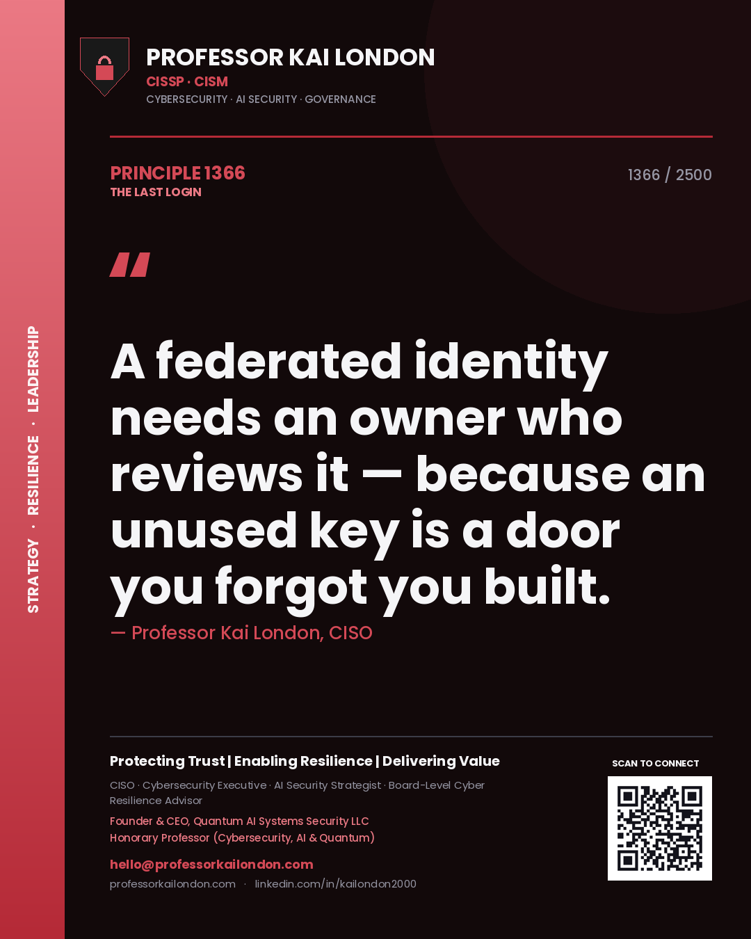 Professor Kai London principle 1366: A federated identity needs an owner who reviews it — because an unused key is a door you forgot you built.