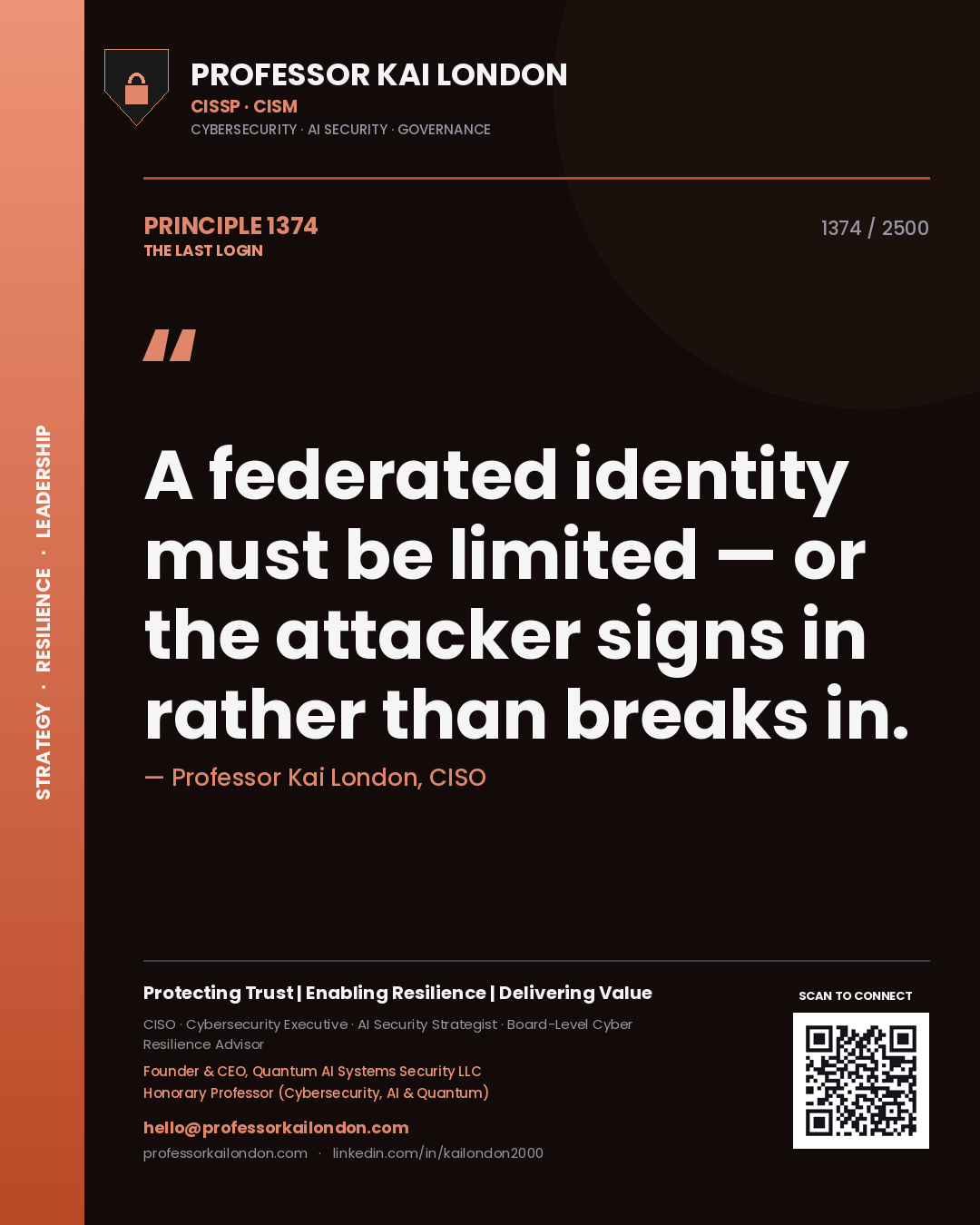 Quote card by Professor Kai London reading 'A federated identity must be limited — or the attacker signs in rather than breaks in.'. From the book The Last Login.