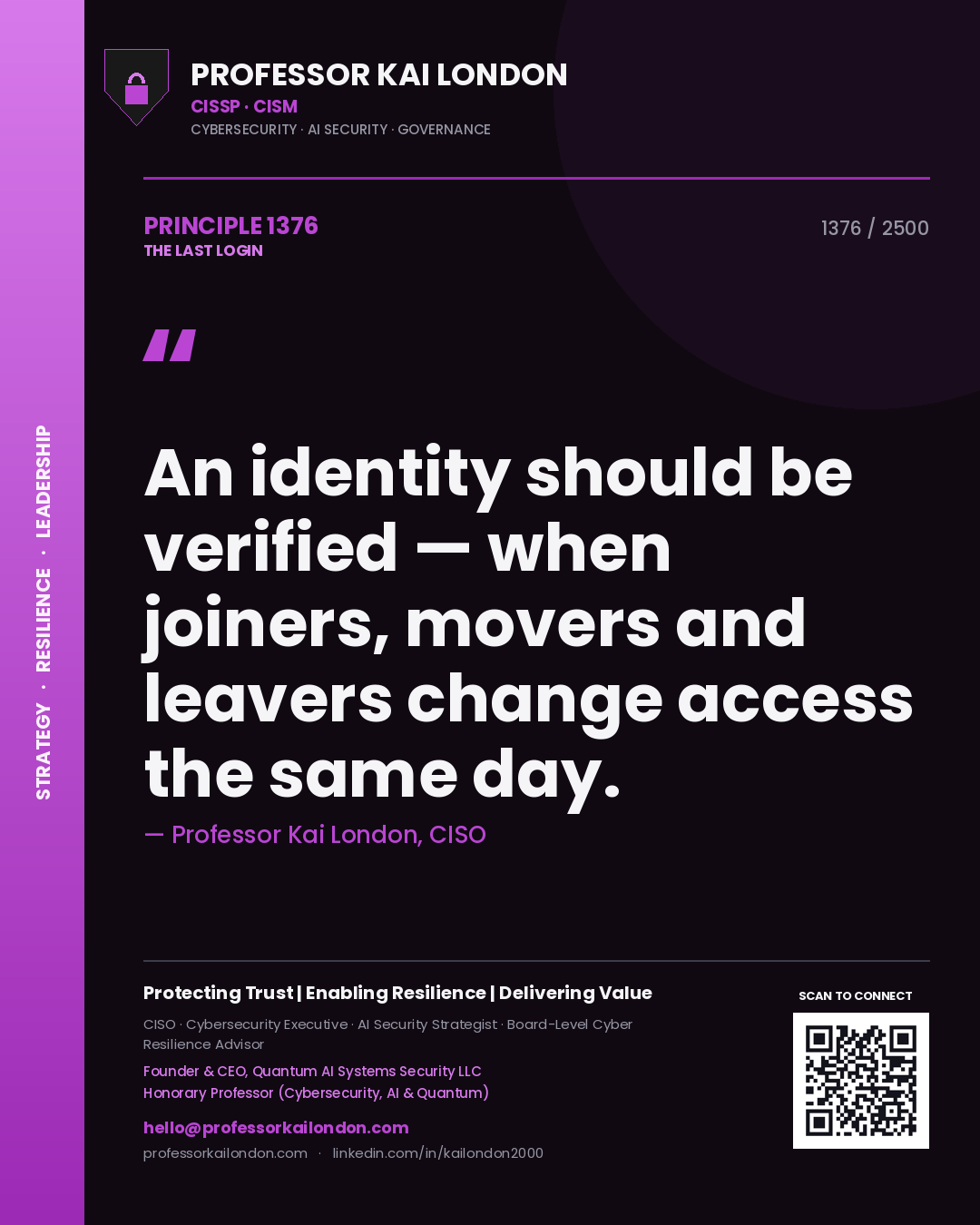 Professor Kai London principle 1376: An identity should be verified — when joiners, movers and leavers change access the same day.
