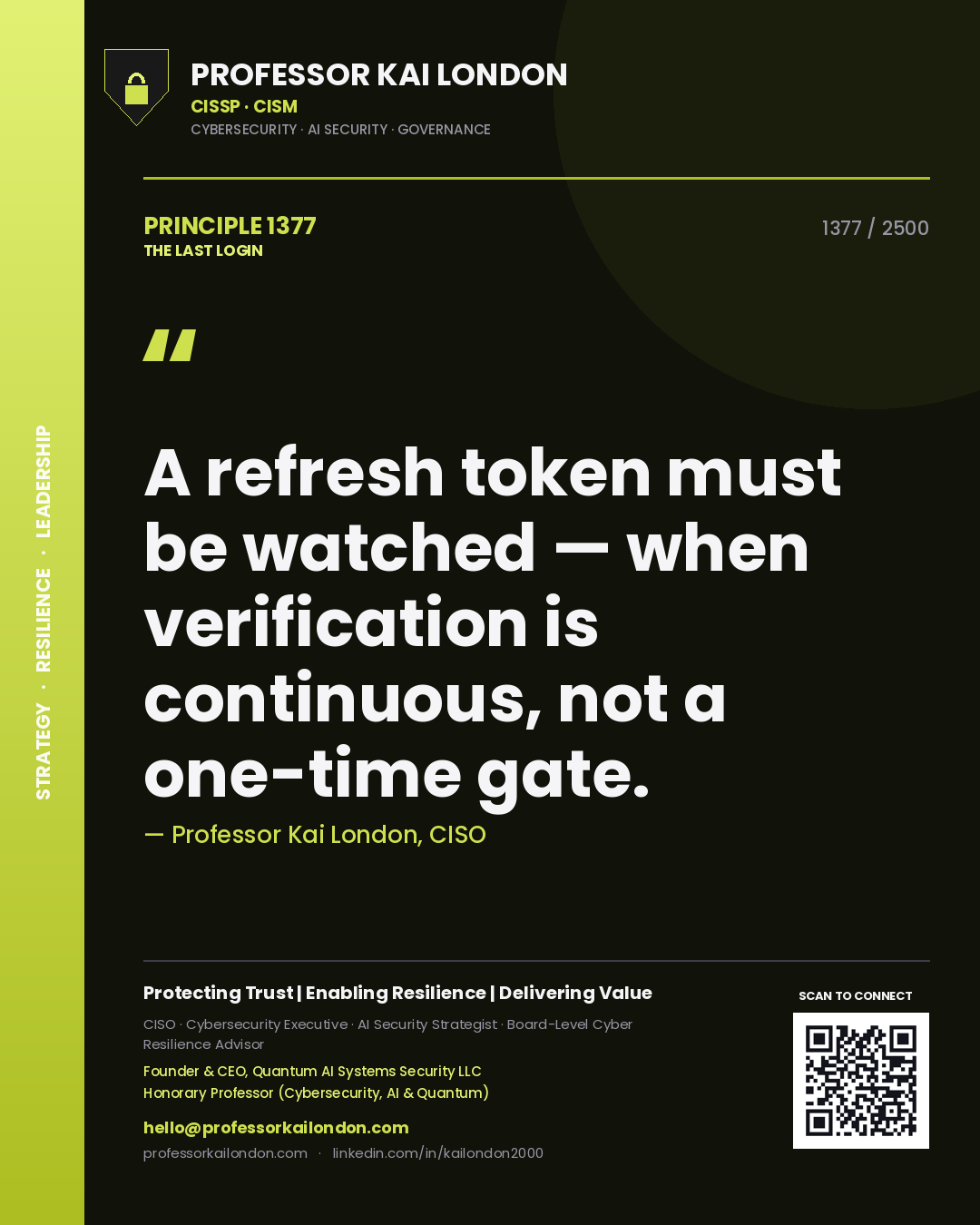 Quote card by Professor Kai London reading 'A refresh token must be watched — when verification is continuous, not a one-time gate.'. From the book The Last Login.