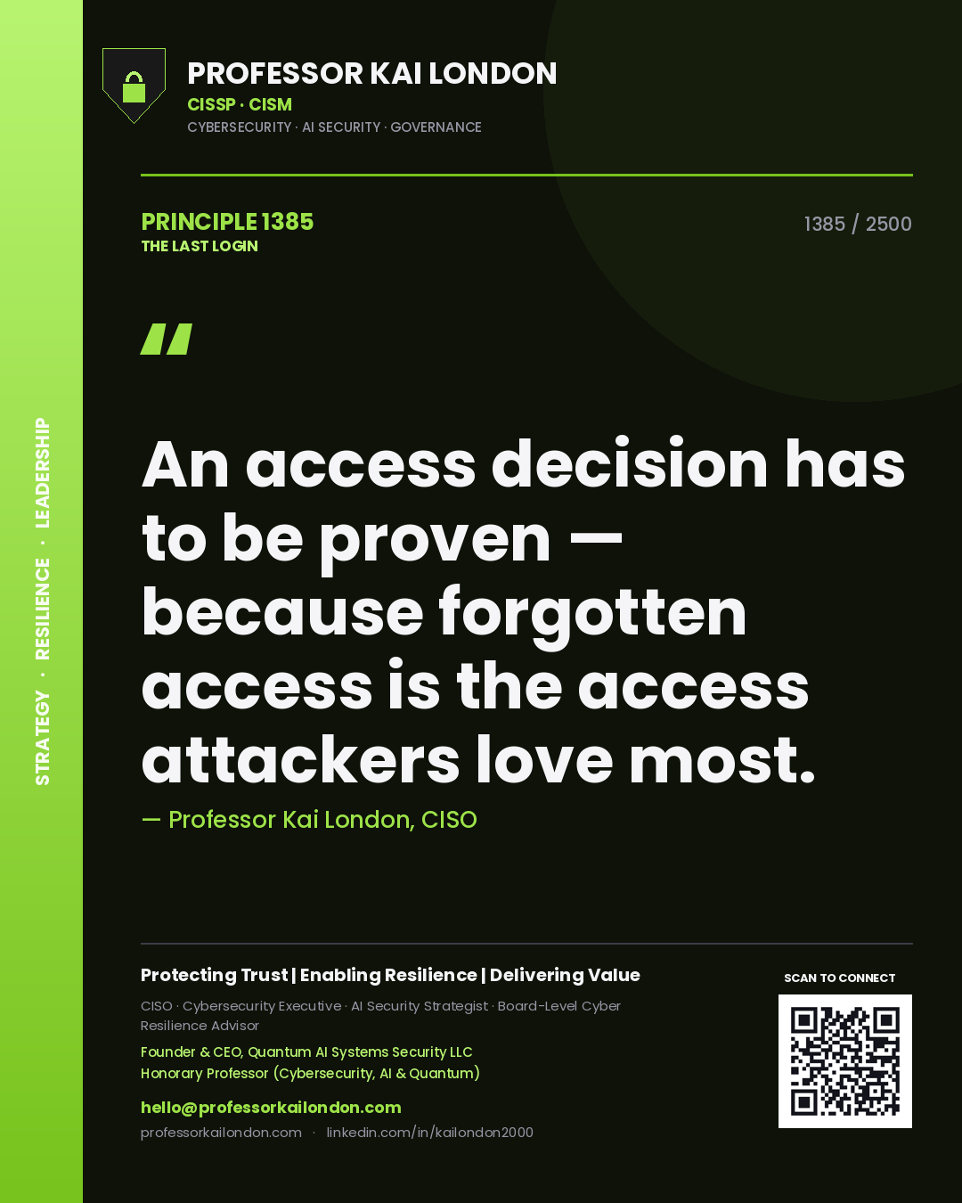 Professor Kai London principle 1385: An access decision has to be proven — because forgotten access is the access attackers love most.