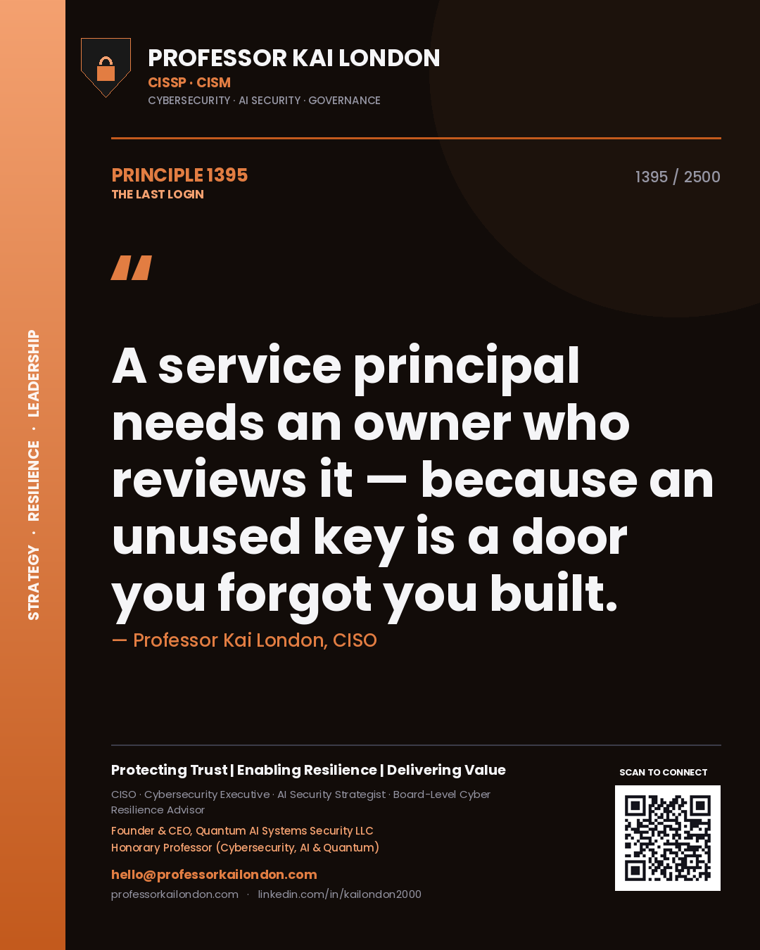 Quote card by Professor Kai London reading 'A service principal needs an owner who reviews it — because an unused key is a door you forgot you built.'. From the book The Last Login.