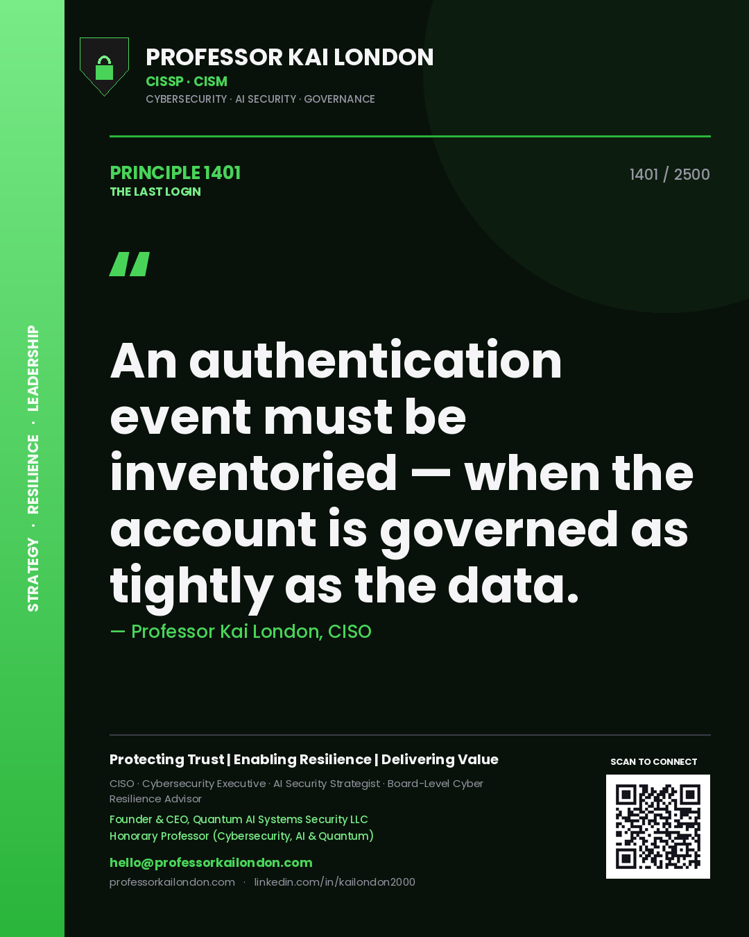 Professor Kai London principle 1401: An authentication event must be inventoried — when the account is governed as tightly as the data.