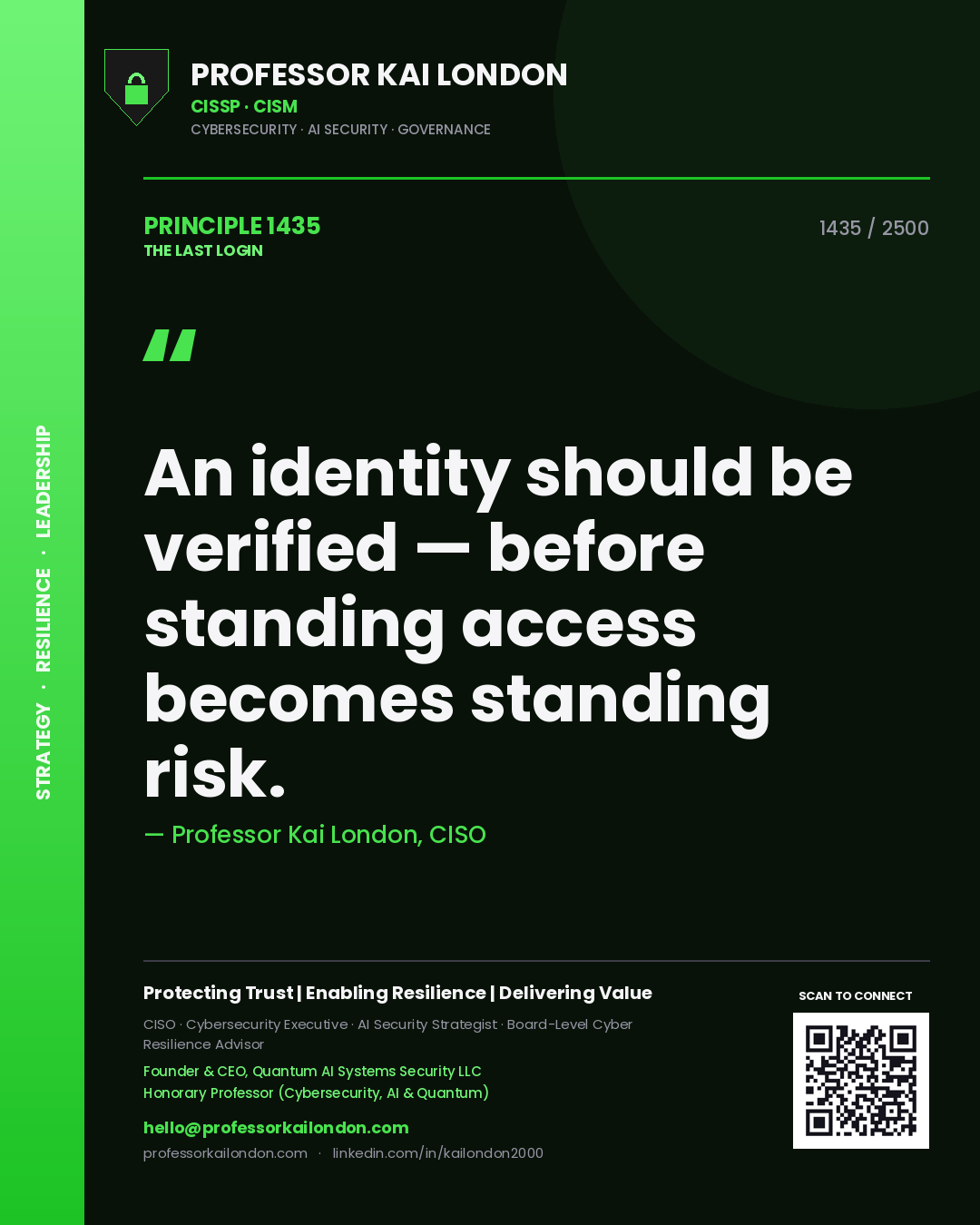 Professor Kai London principle 1435: An identity should be verified — before standing access becomes standing risk.