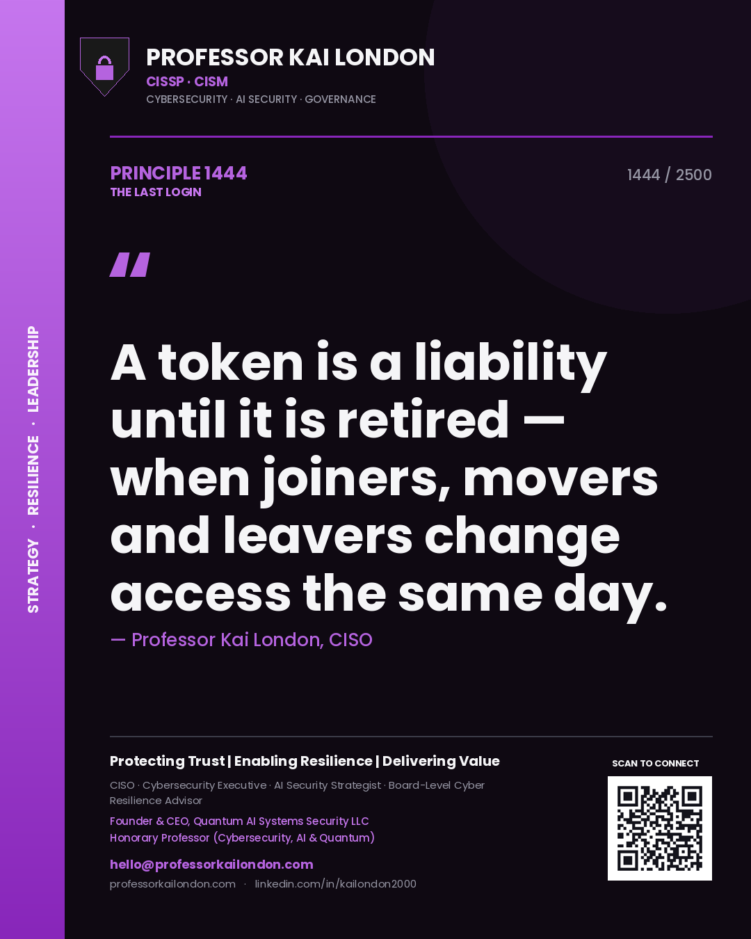 Professor Kai London principle 1444: A token is a liability until it is retired — when joiners, movers and leavers change access the same day.