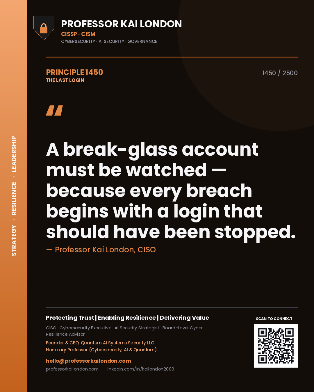 Professor Kai London principle 1450: A break-glass account must be watched — because every breach begins with a login that should have been stopped.