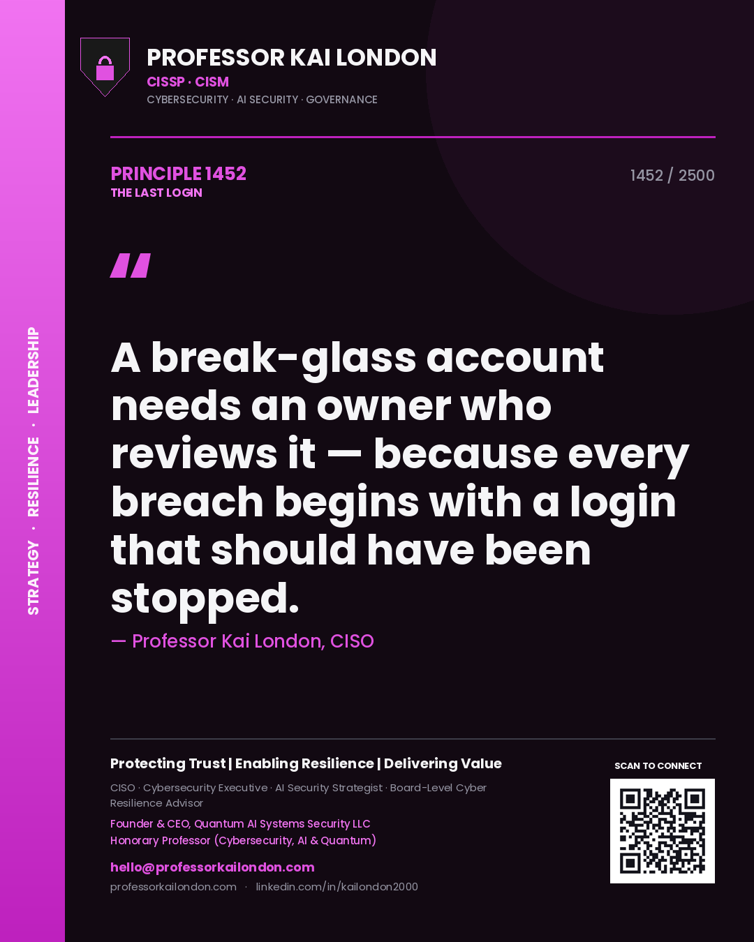 Professor Kai London principle 1452: A break-glass account needs an owner who reviews it — because every breach begins with a login that should have been stopped.