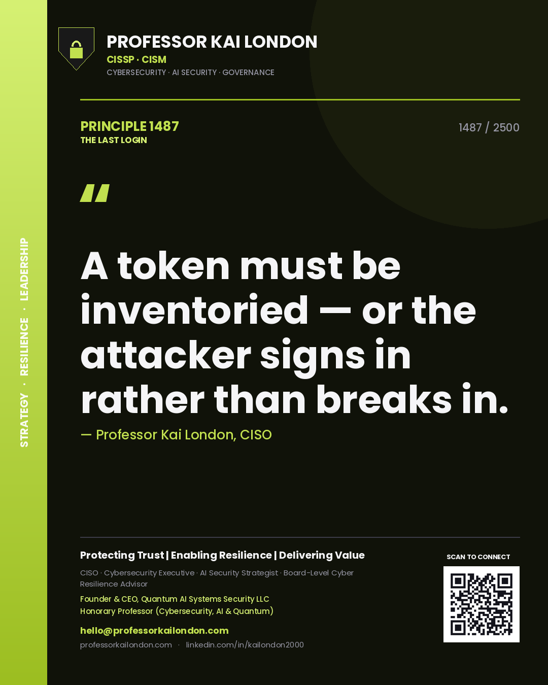 Professor Kai London principle 1487: A token must be inventoried — or the attacker signs in rather than breaks in.