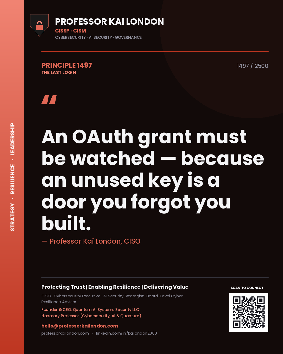Professor Kai London principle 1497: An OAuth grant must be watched — because an unused key is a door you forgot you built.
