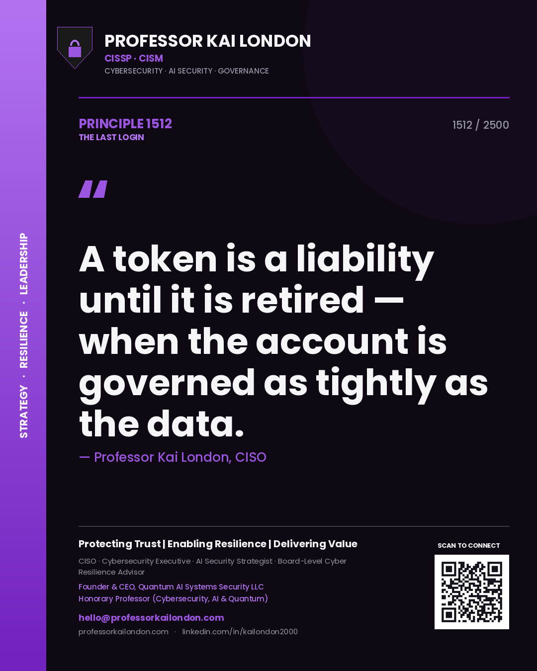 Professor Kai London principle 1512: A token is a liability until it is retired — when the account is governed as tightly as the data.