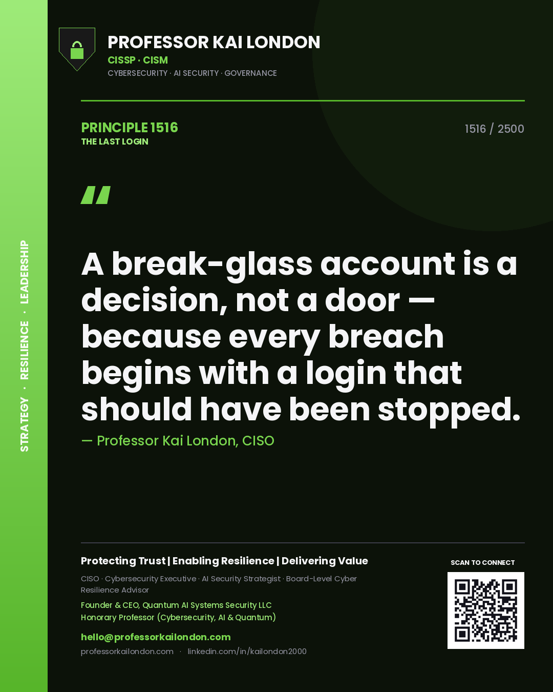 Professor Kai London principle 1516: A break-glass account is a decision, not a door — because every breach begins with a login that should have been stopped.