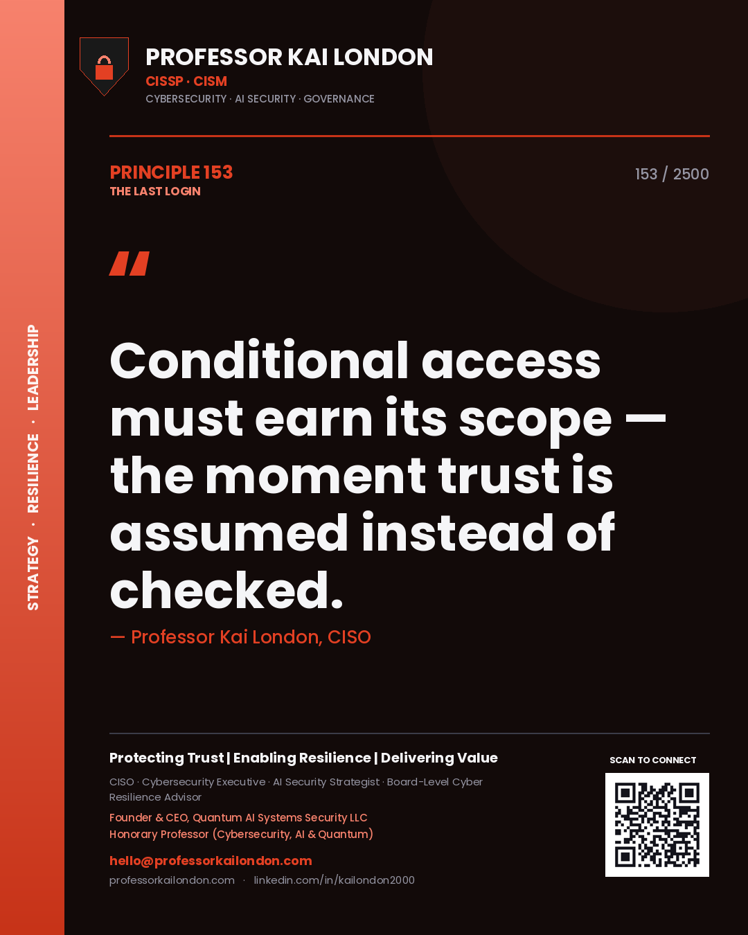 Professor Kai London principle 153: Conditional access must earn its scope — the moment trust is assumed instead of checked.