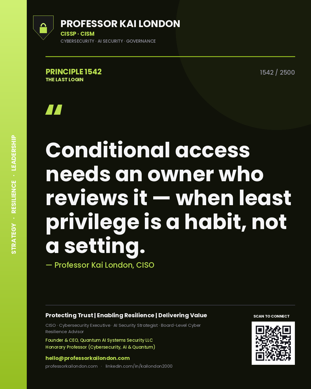 Professor Kai London principle 1542: Conditional access needs an owner who reviews it — when least privilege is a habit, not a setting.