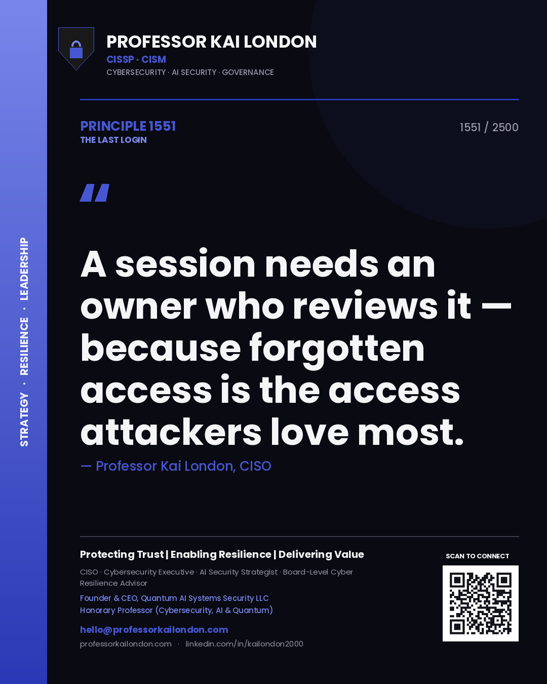 Professor Kai London principle 1551: A session needs an owner who reviews it — because forgotten access is the access attackers love most.
