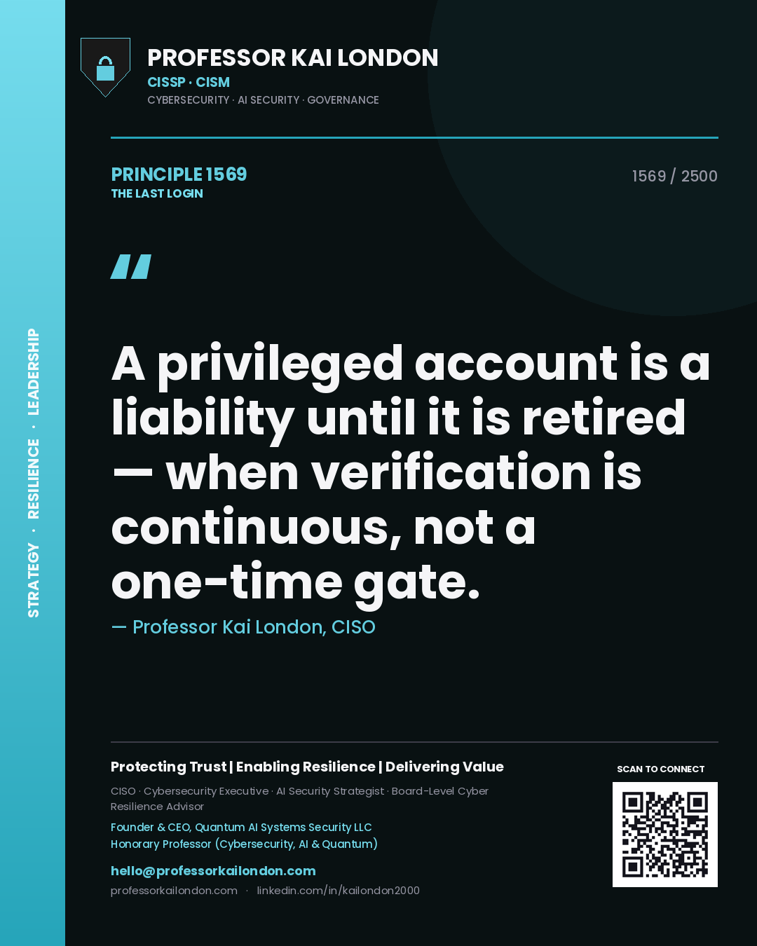 Professor Kai London principle 1569: A privileged account is a liability until it is retired — when verification is continuous, not a one-time gate.