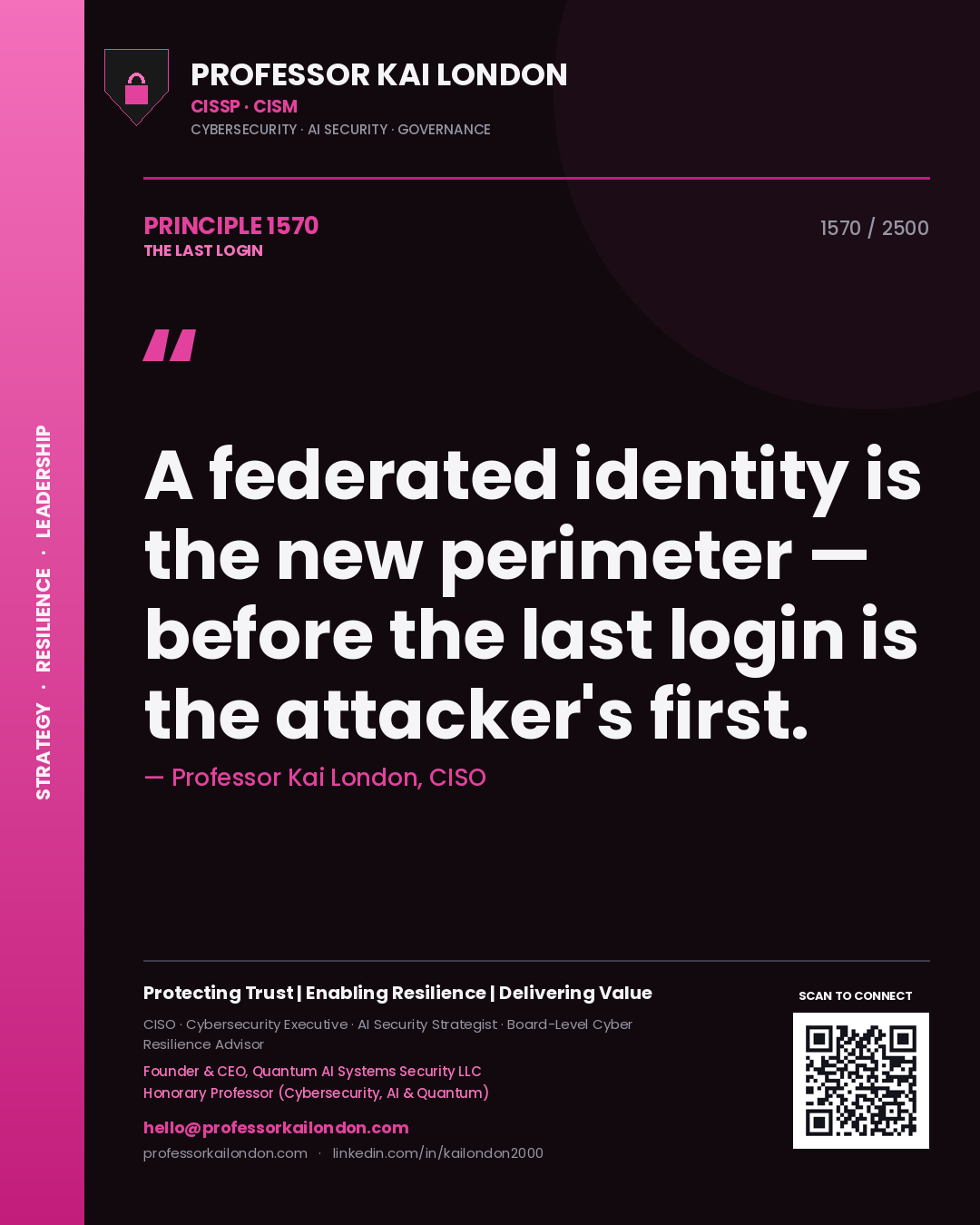 Professor Kai London principle 1570: A federated identity is the new perimeter — before the last login is the attacker's first.