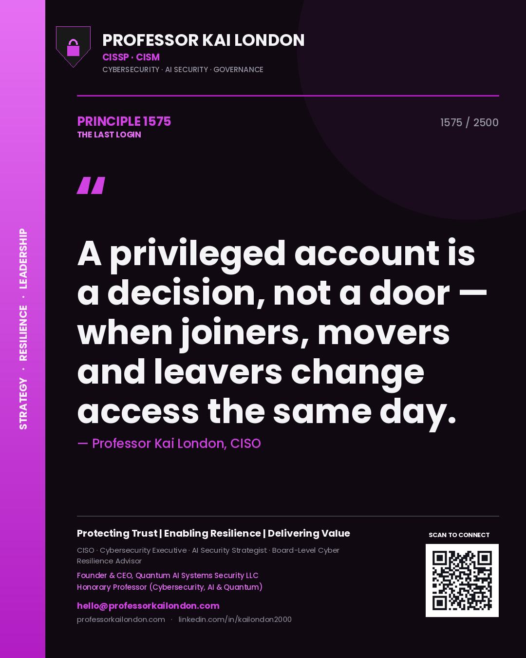 Professor Kai London principle 1575: A privileged account is a decision, not a door — when joiners, movers and leavers change access the same day.