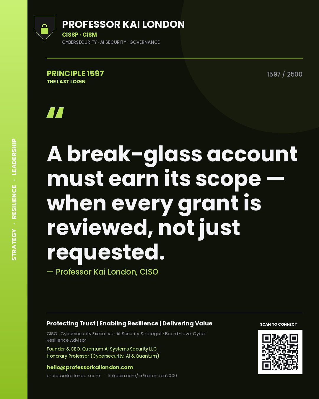 Professor Kai London principle 1597: A break-glass account must earn its scope — when every grant is reviewed, not just requested.