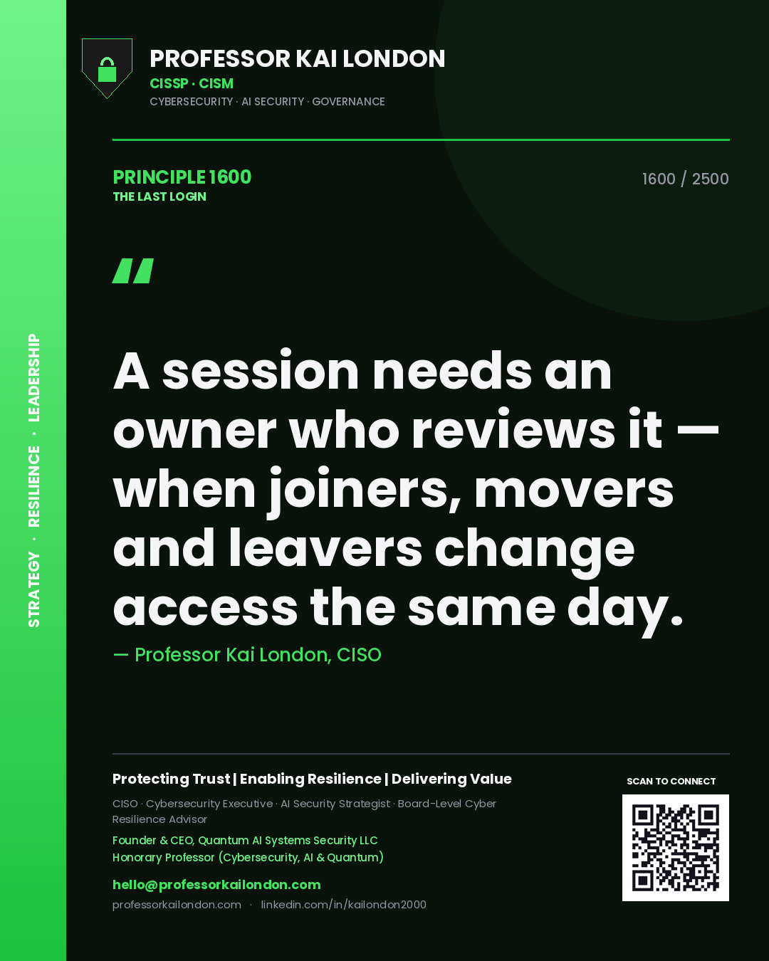 Professor Kai London principle 1600: A session needs an owner who reviews it — when joiners, movers and leavers change access the same day.