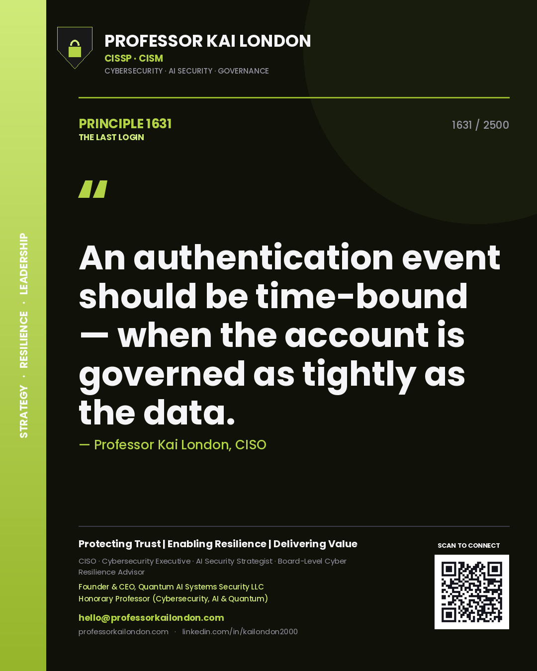 Professor Kai London principle 1631: An authentication event should be time-bound — when the account is governed as tightly as the data.