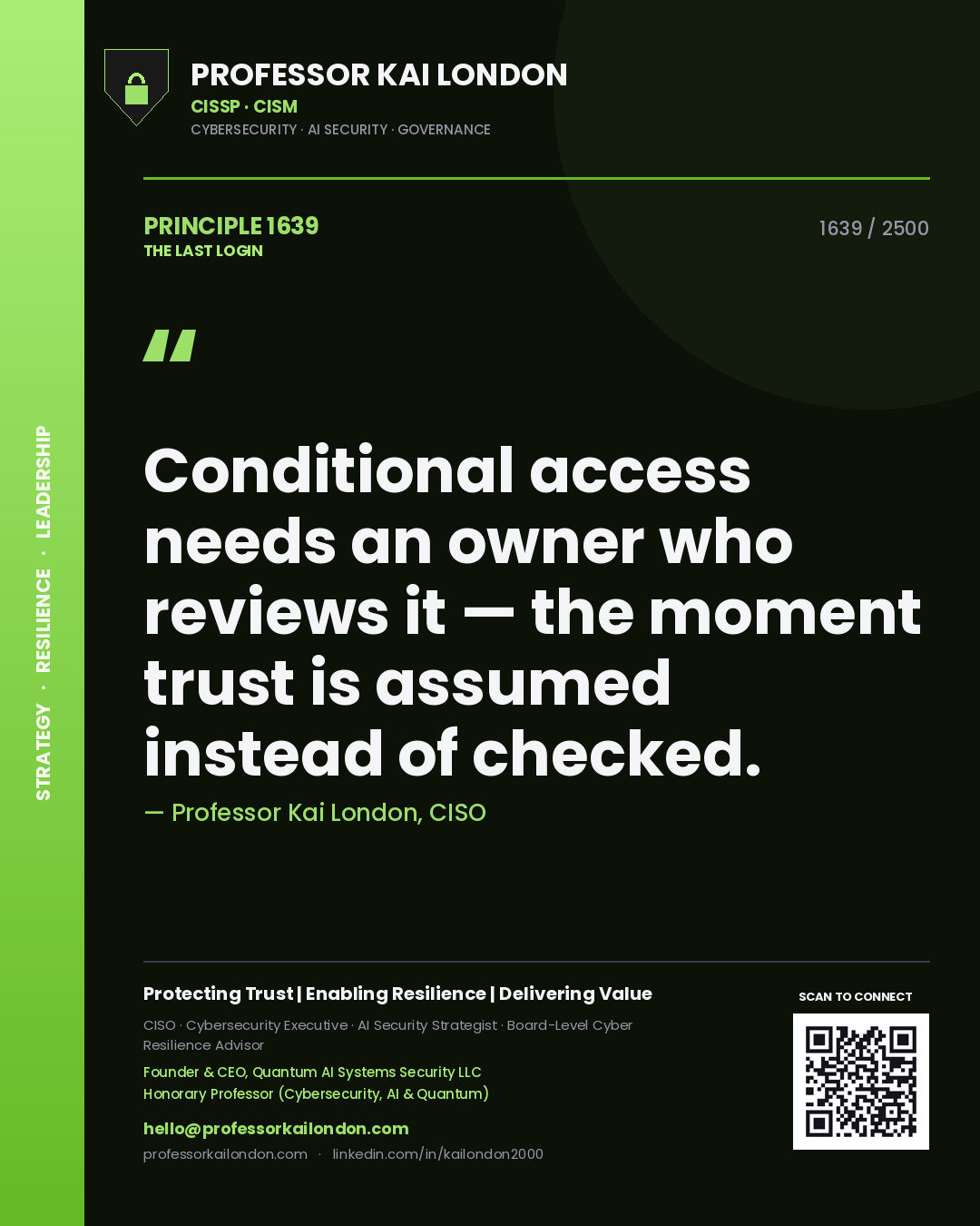 Professor Kai London principle 1639: Conditional access needs an owner who reviews it — the moment trust is assumed instead of checked.