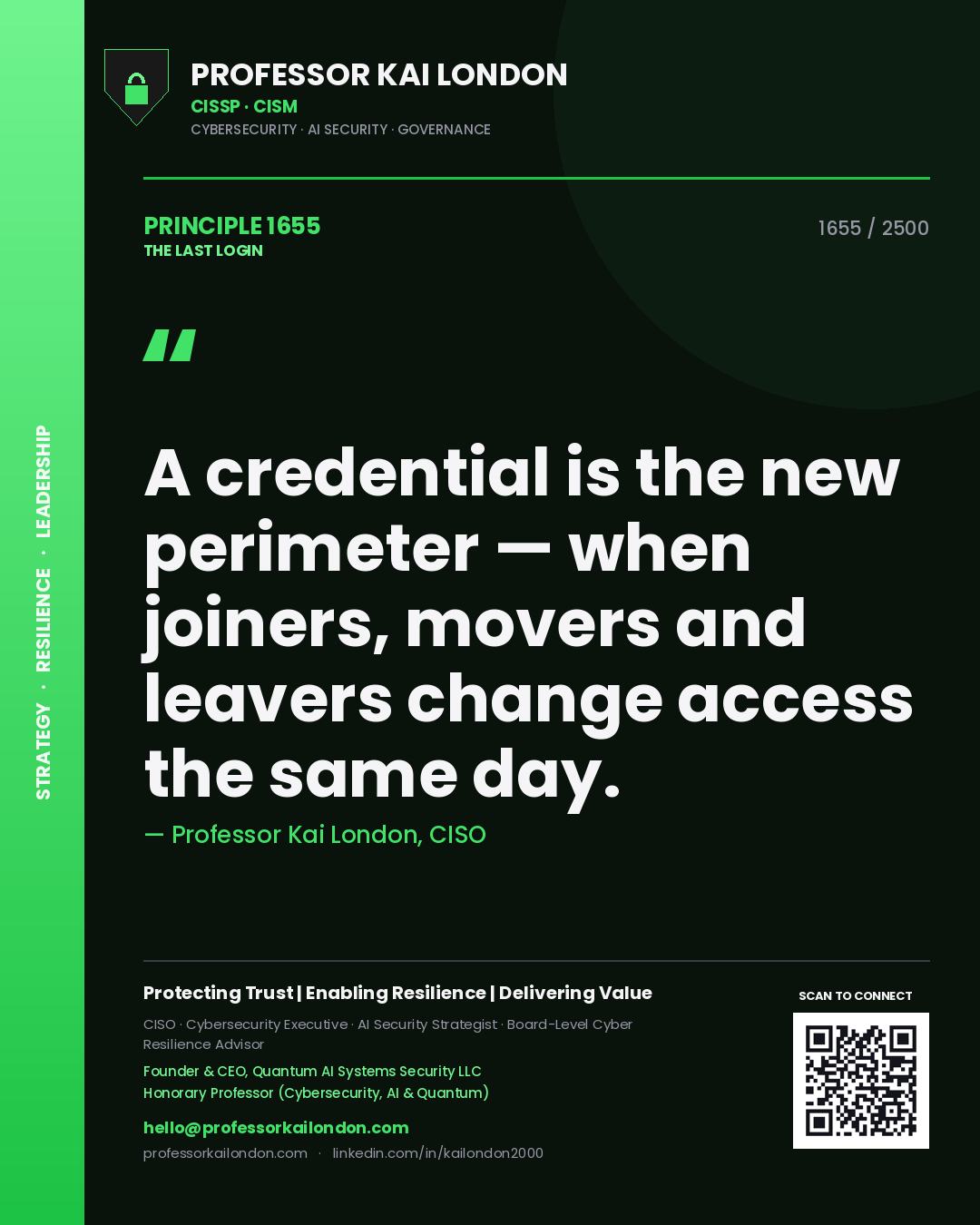 Professor Kai London principle 1655: A credential is the new perimeter — when joiners, movers and leavers change access the same day.
