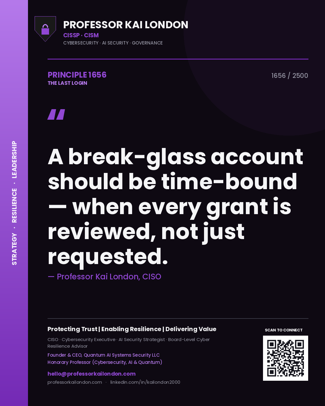 Professor Kai London principle 1656: A break-glass account should be time-bound — when every grant is reviewed, not just requested.