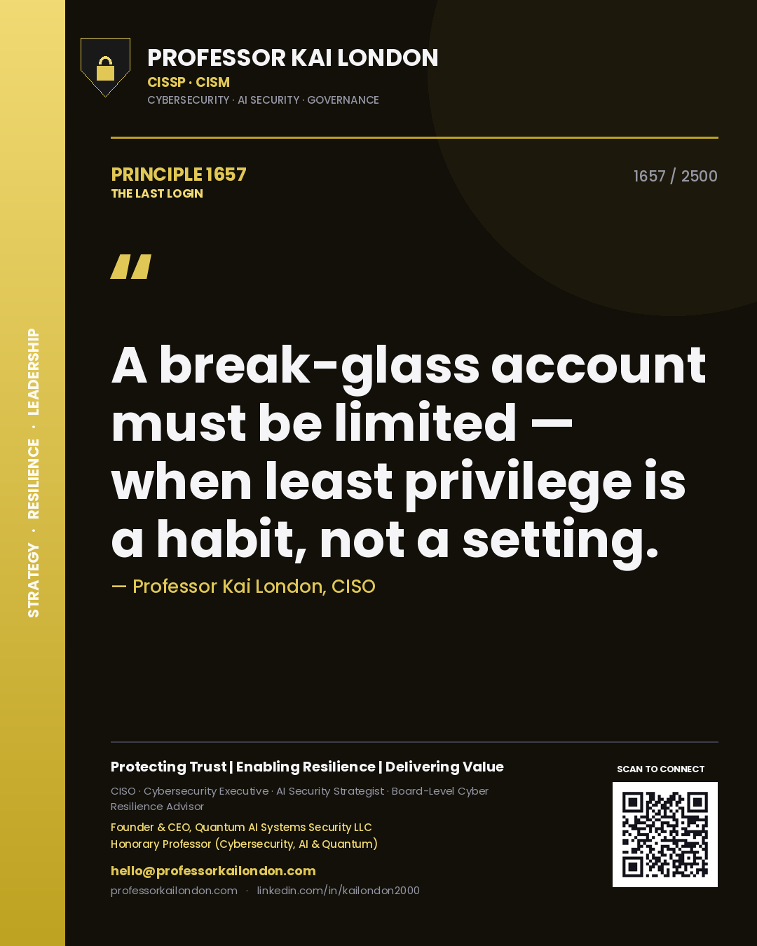 Professor Kai London principle 1657: A break-glass account must be limited — when least privilege is a habit, not a setting.