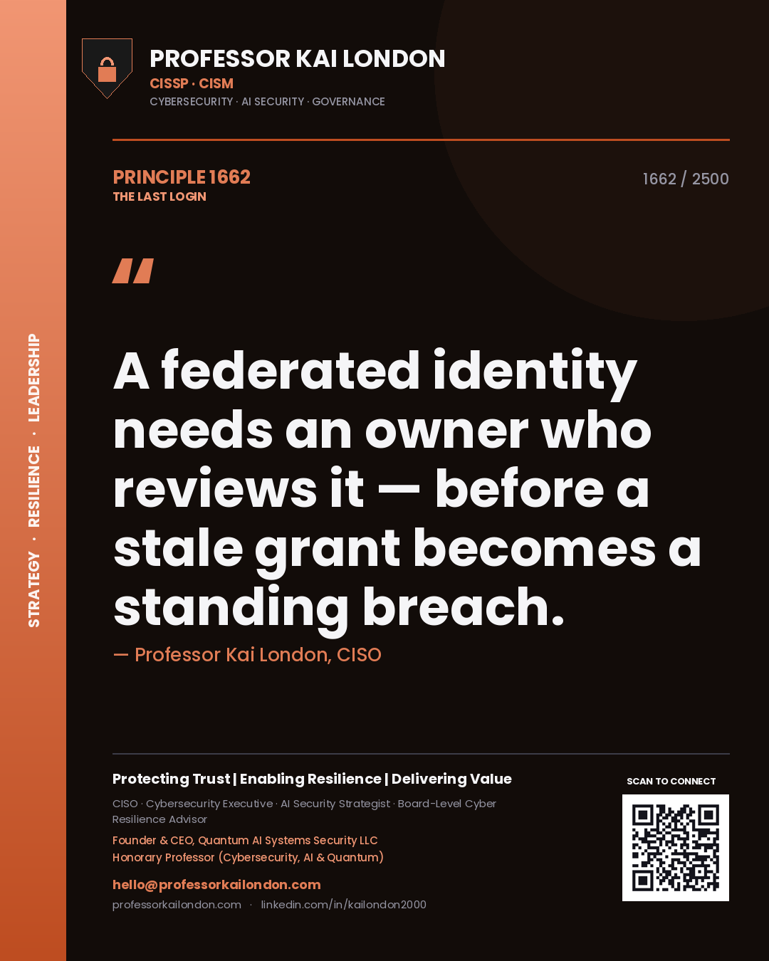 Professor Kai London principle 1662: A federated identity needs an owner who reviews it — before a stale grant becomes a standing breach.
