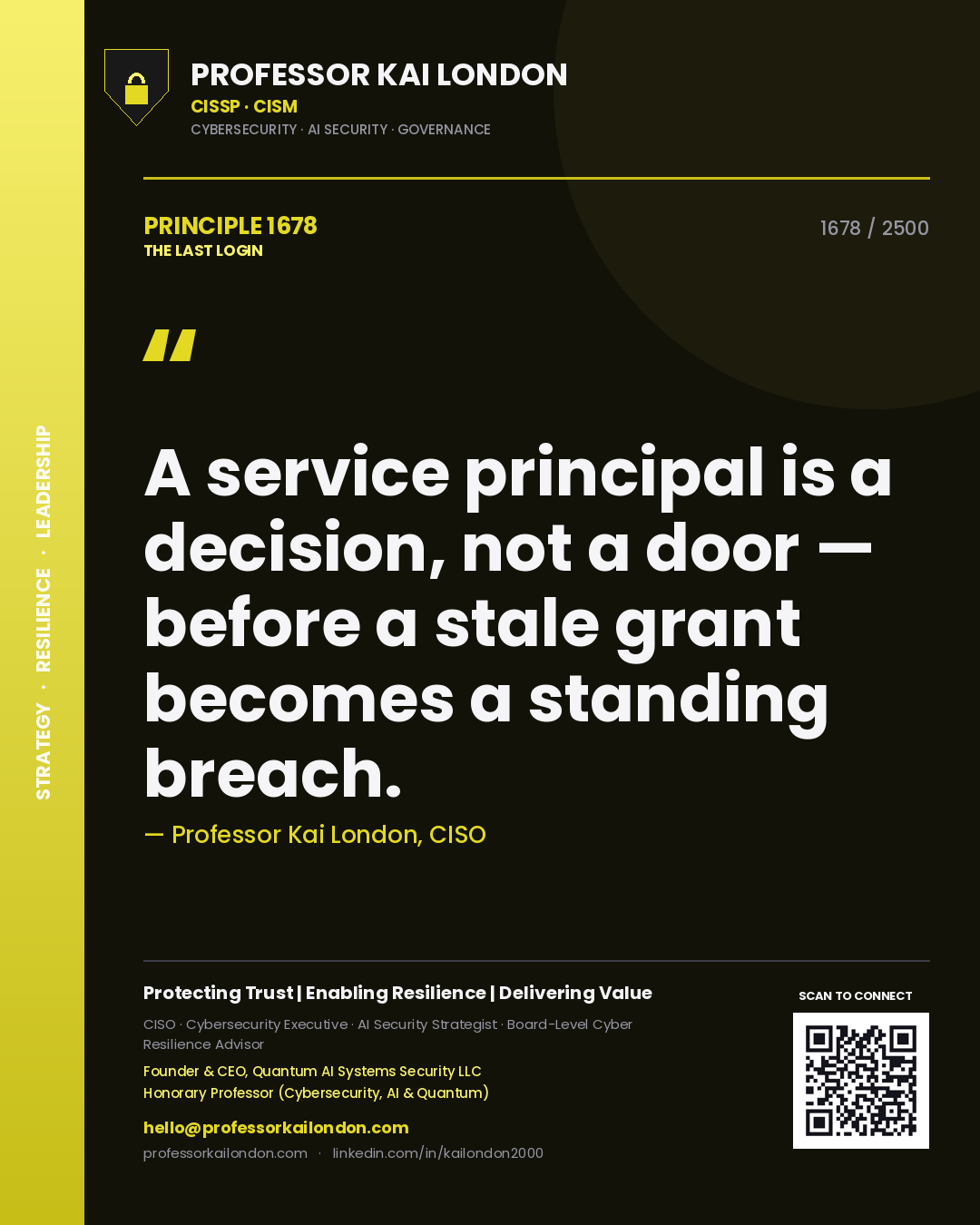 Professor Kai London principle 1678: A service principal is a decision, not a door — before a stale grant becomes a standing breach.