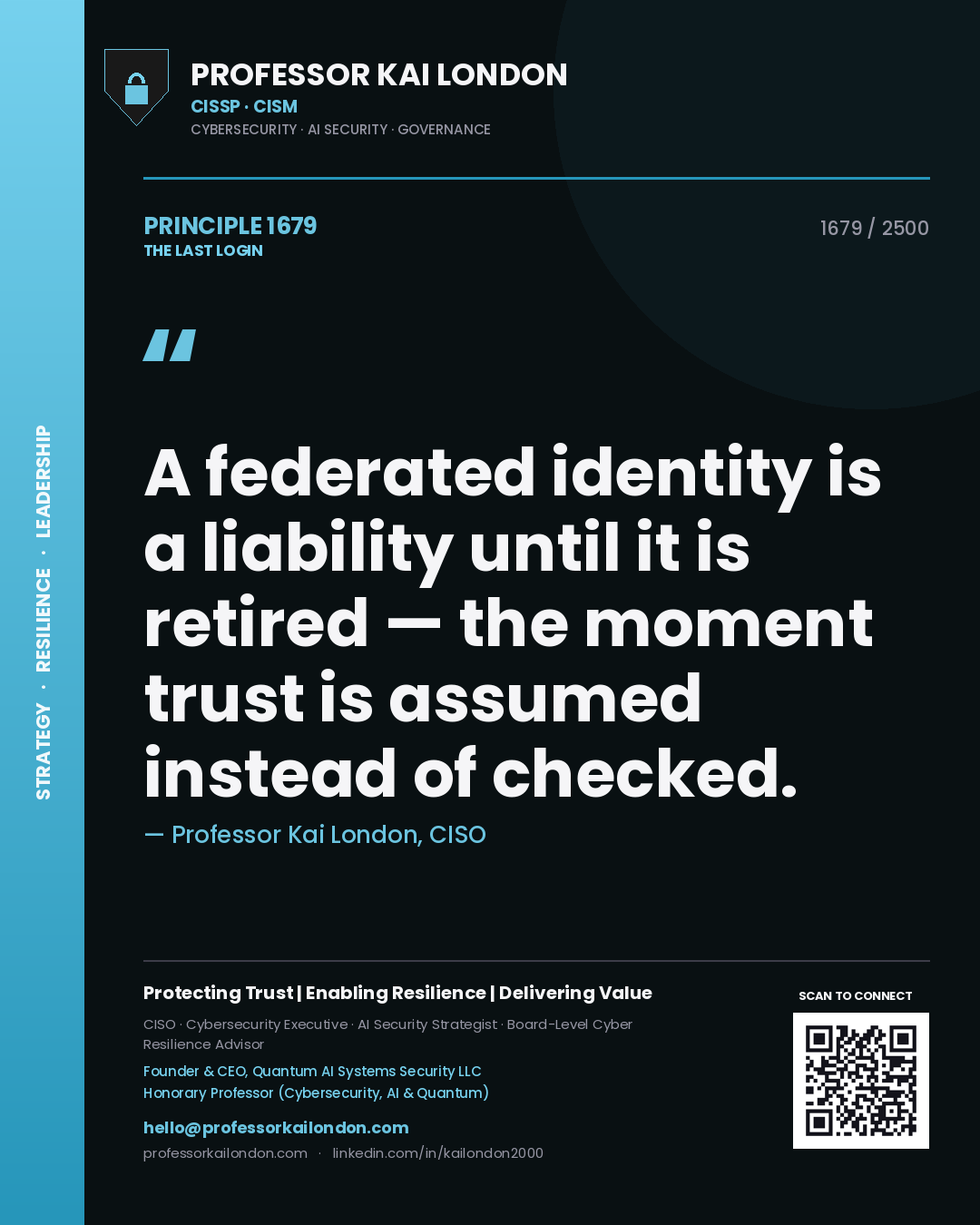 Professor Kai London principle 1679: A federated identity is a liability until it is retired — the moment trust is assumed instead of checked.