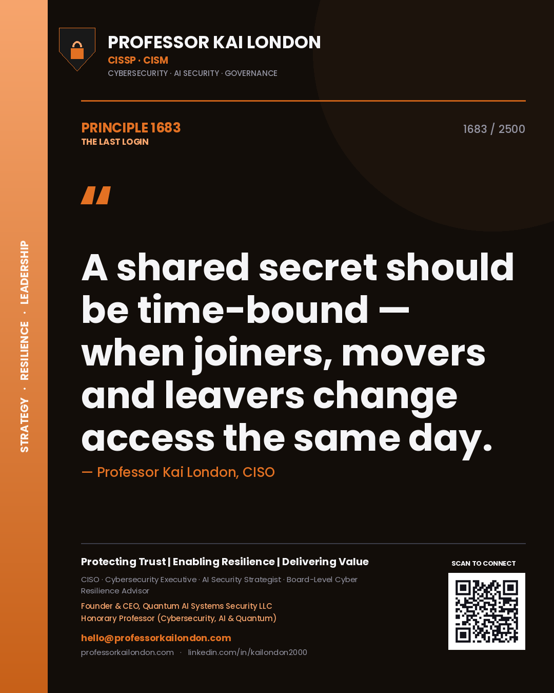 Professor Kai London principle 1683: A shared secret should be time-bound — when joiners, movers and leavers change access the same day.