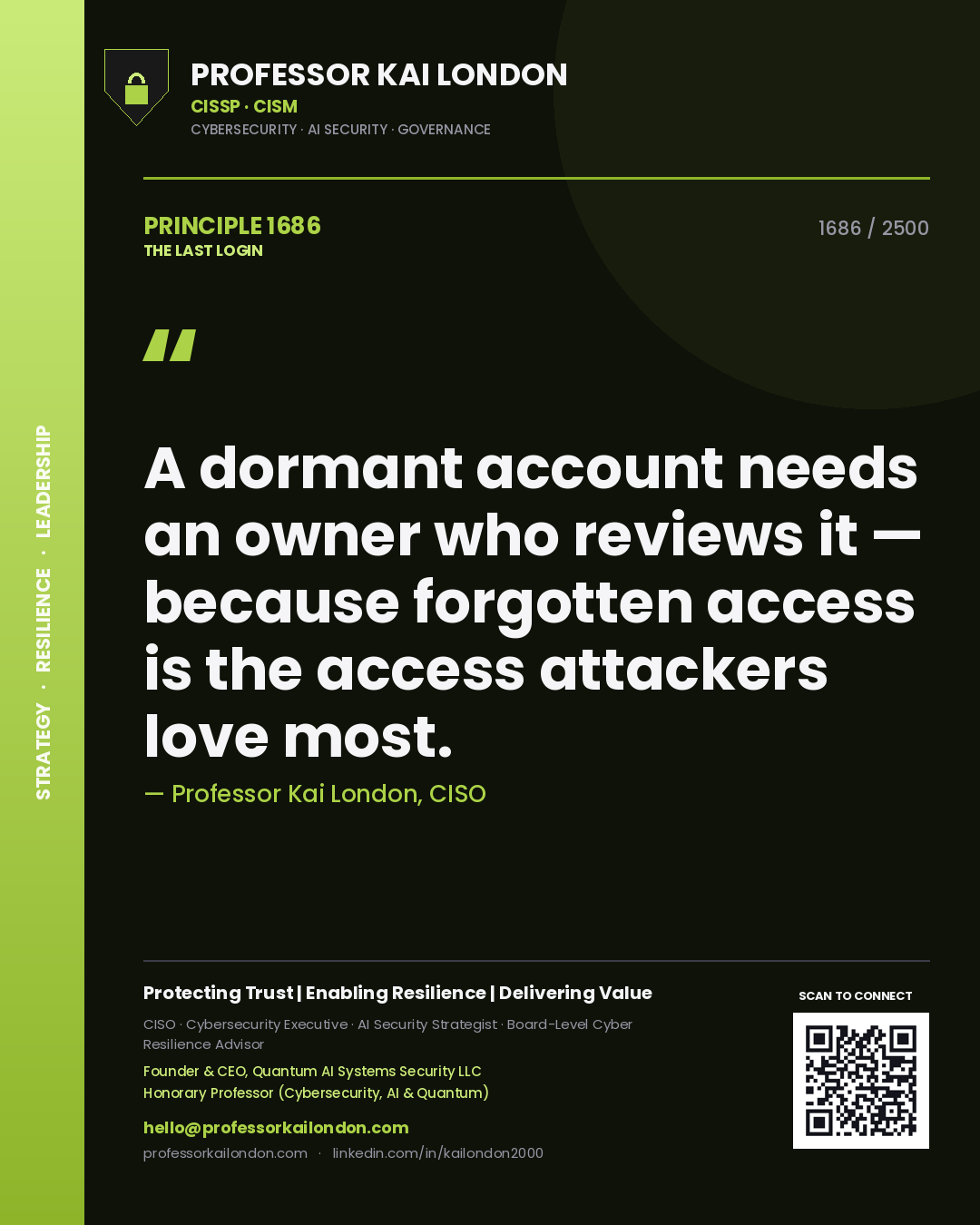 Professor Kai London principle 1686: A dormant account needs an owner who reviews it — because forgotten access is the access attackers love most.