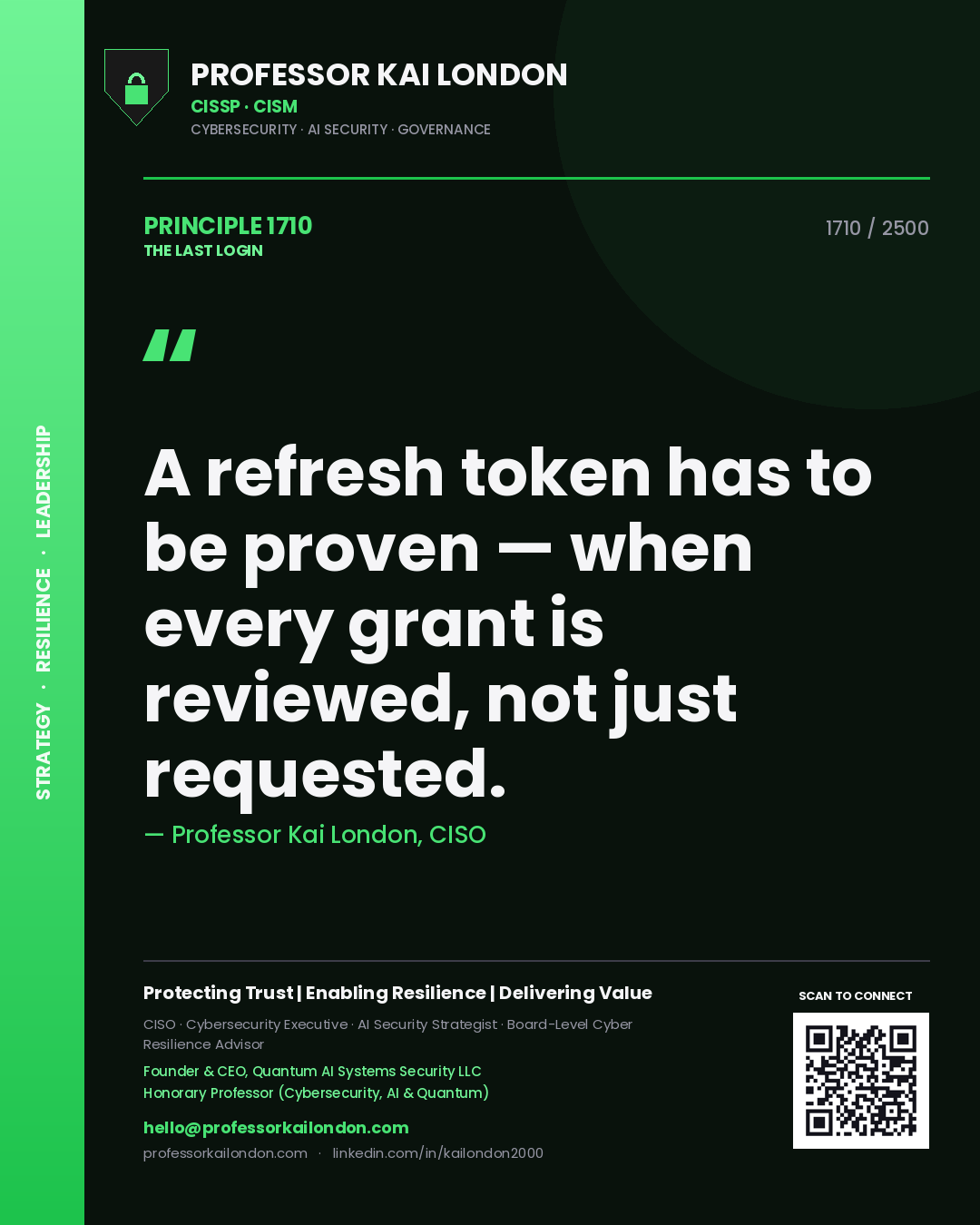 Professor Kai London principle 1710: A refresh token has to be proven — when every grant is reviewed, not just requested.