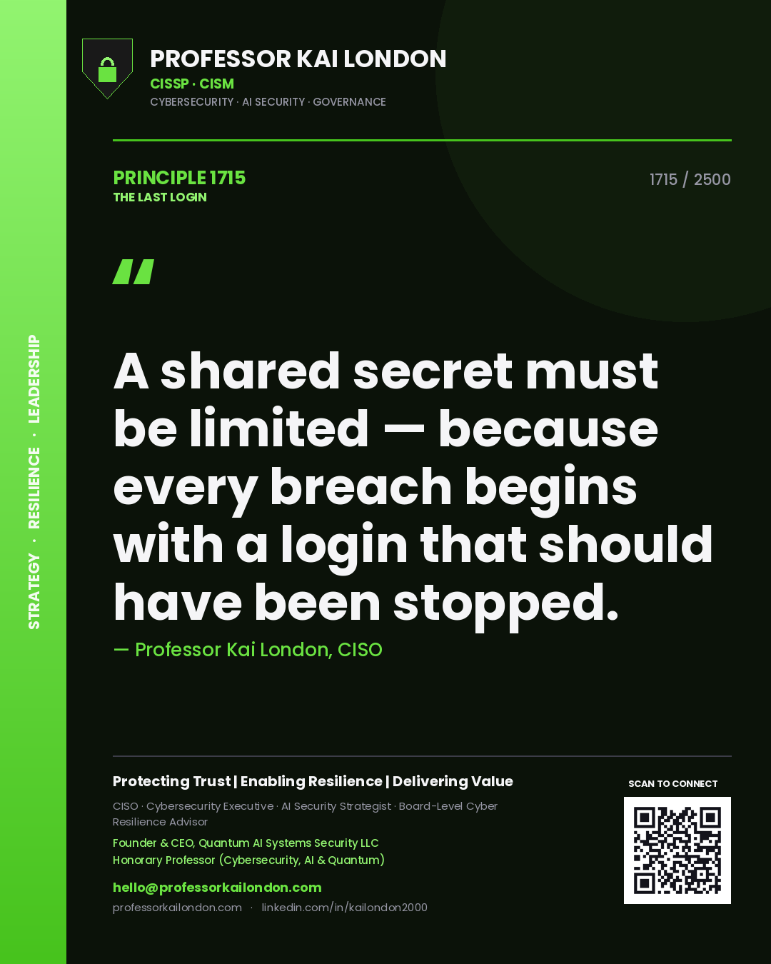 Professor Kai London principle 1715: A shared secret must be limited — because every breach begins with a login that should have been stopped.