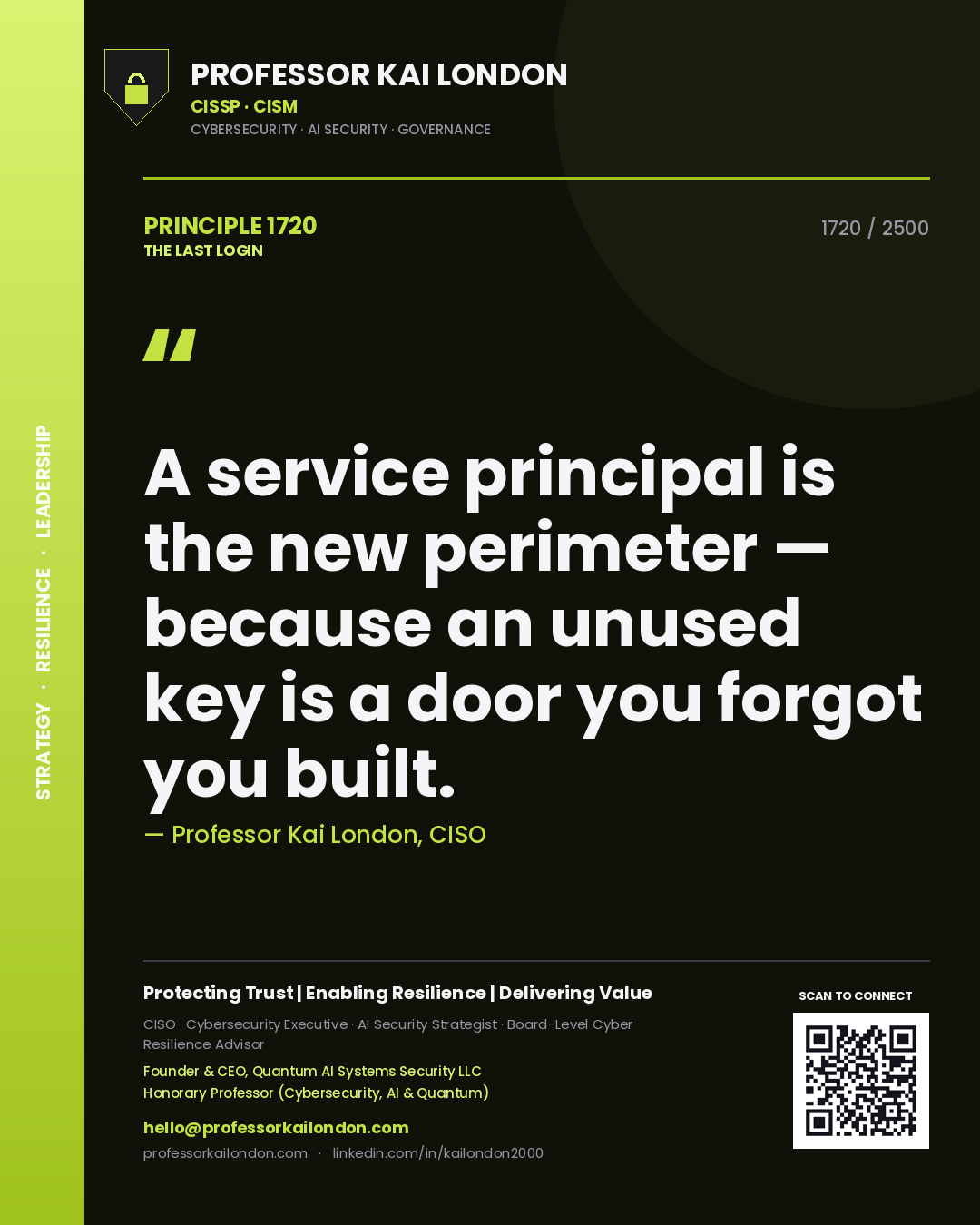 Professor Kai London principle 1720: A service principal is the new perimeter — because an unused key is a door you forgot you built.