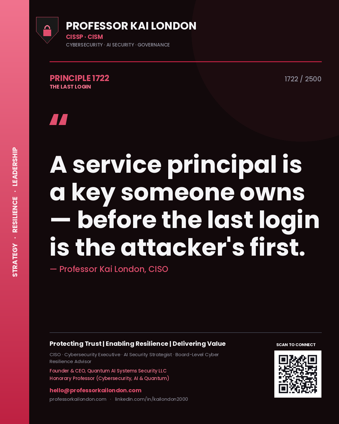 Professor Kai London principle 1722: A service principal is a key someone owns — before the last login is the attacker's first.