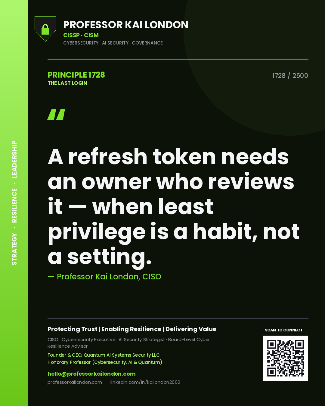 Professor Kai London principle 1728: A refresh token needs an owner who reviews it — when least privilege is a habit, not a setting.