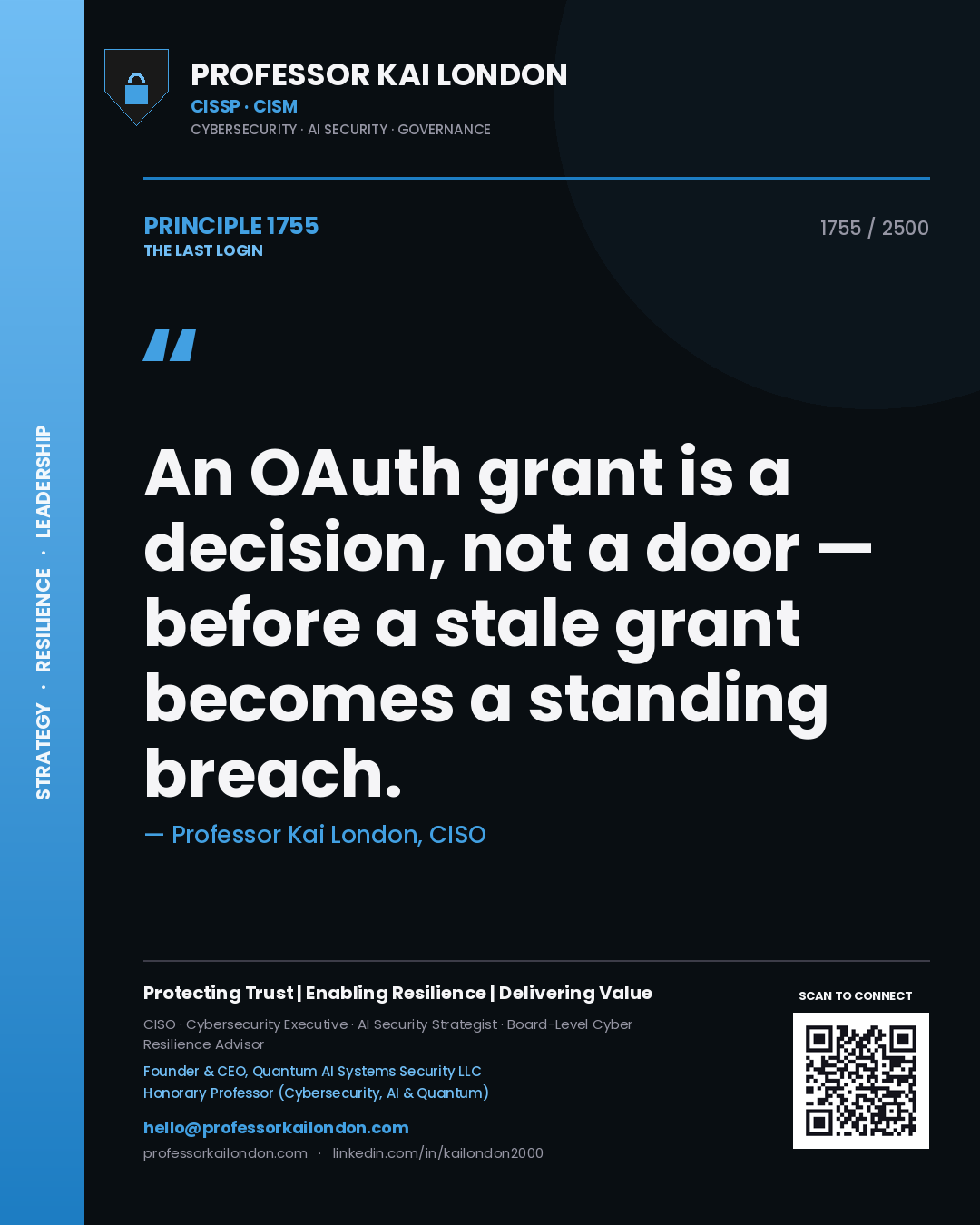 Professor Kai London principle 1755: An OAuth grant is a decision, not a door — before a stale grant becomes a standing breach.